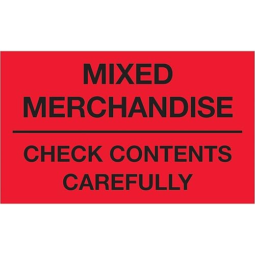 Tape Logic Aviditi Tape Logic - Adhesivo de advertencia rojo fluorescente de 3 x 5 pulgadas, "Mixed Merchandise Check Contents Carefully", para