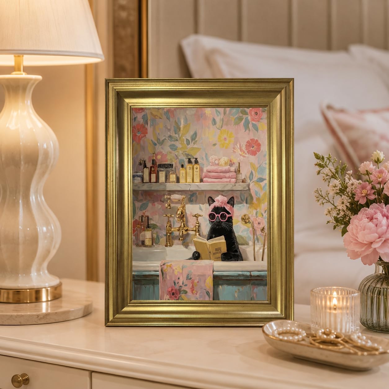 yByCute Black Cat Bathroom Wall Art, Gold-Tone Framed Canvas, 8 x 10 Inches image 5