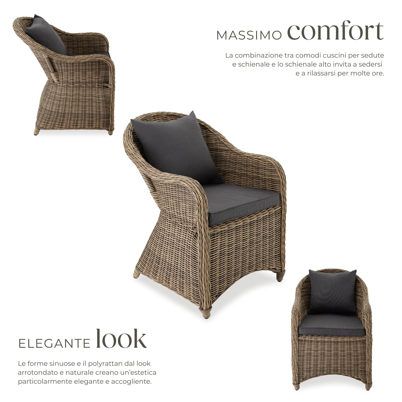 tectake® Set Sedie Deluxe in Polyrattan, 4 Poltrone da Giardino con Telaio in Alluminio, Comodi Cuscini per Seduta e Schienale, Resistente alle Intemperie, Design Elegante - Naturale