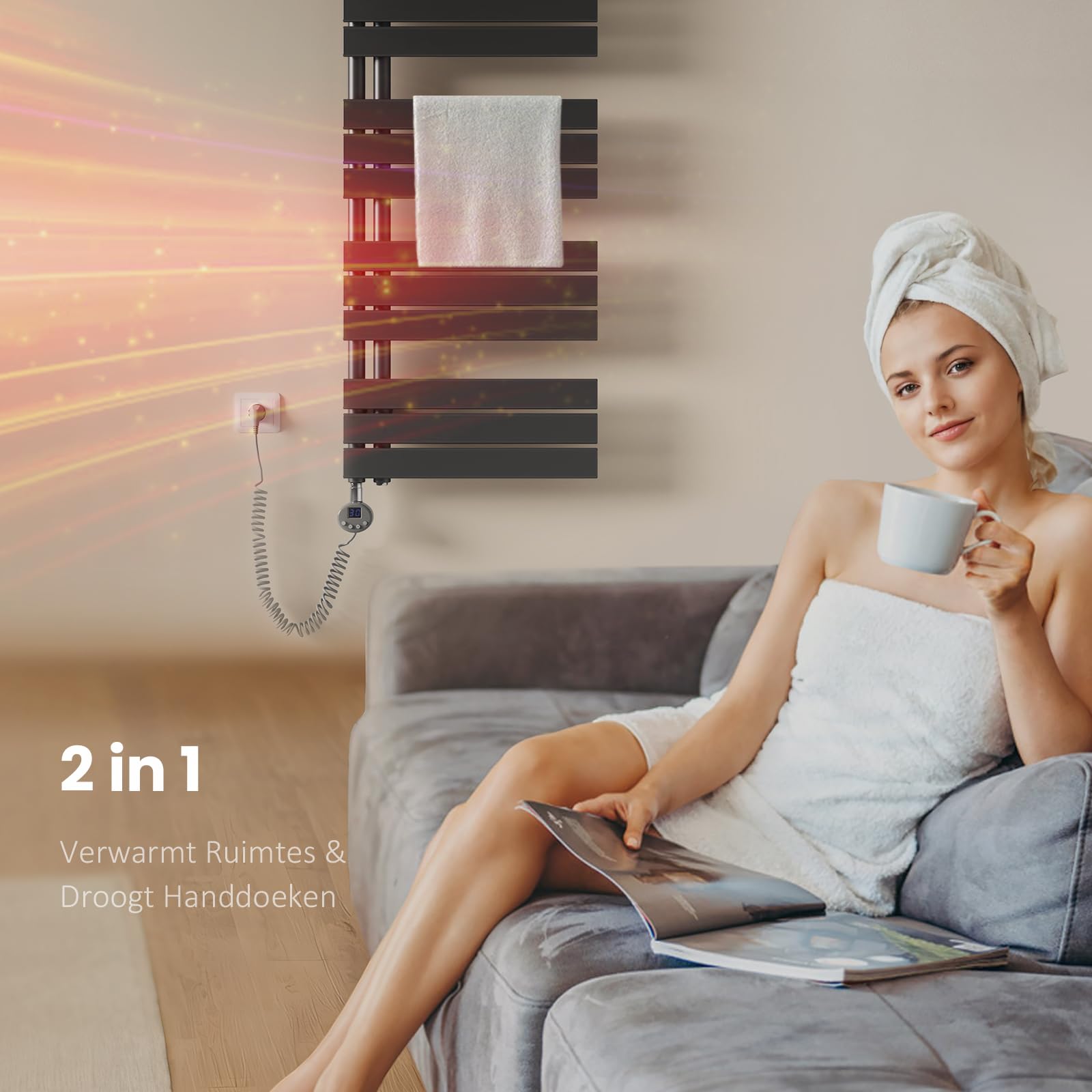 EMKE Elektrische badkamerradiator met thermostaat, 750 x 600 mm, wit, gebogen handdoekwarmer voor stroom, handdoekdroger met verwarmingsstaaf 300 W
