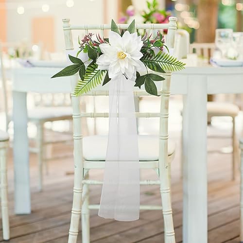Miniatura 4 de Fofetbfo Juego de 6 decoraciones para sillas de pasillo de boda, flores artificiales con cintas, sillas, respaldo de banco, arreglo de flores para