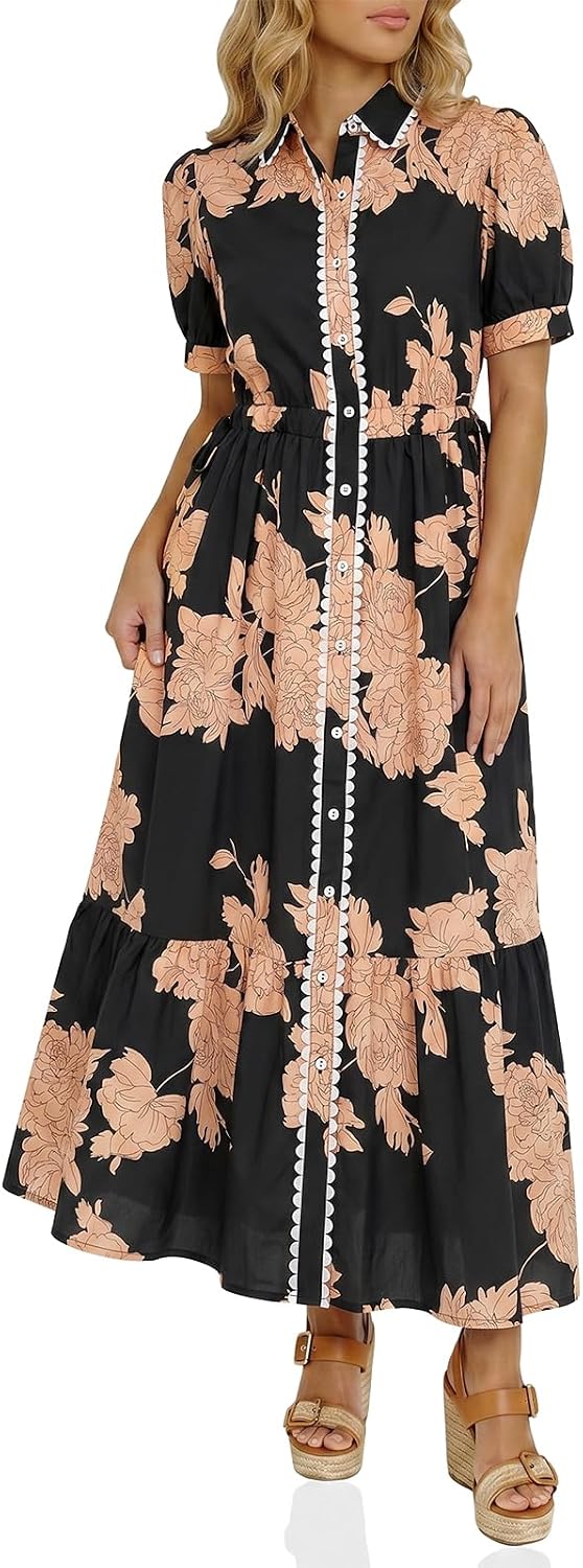 Wenrine Womens Casual Shirt Dress Floral Collared Short Sleeve Button Down Drawstring Waist Loose Summer Maxi Dresses