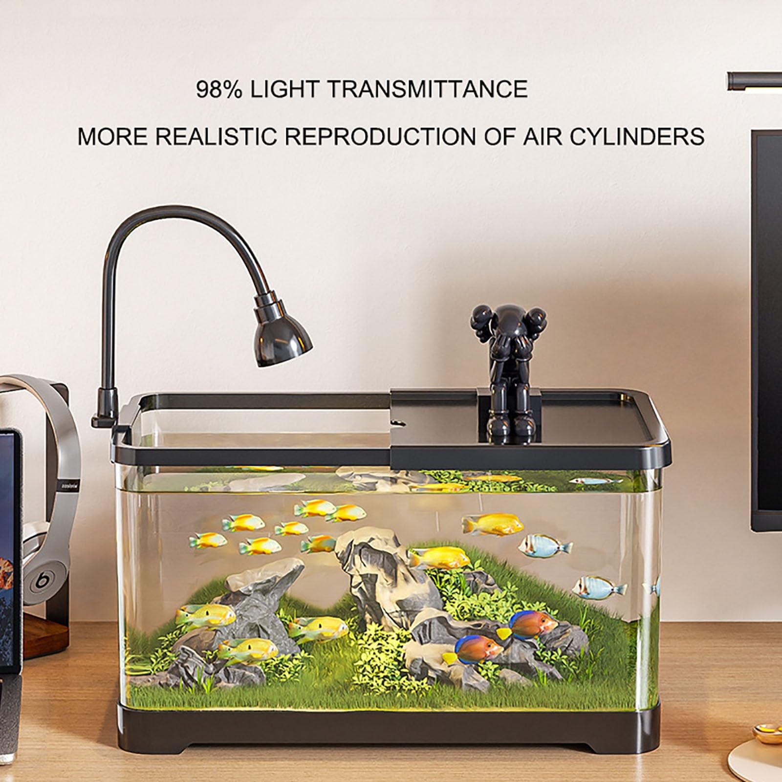 Set da scrivania per acquario, serbatoio di avviamento ultra trasparente, piccolo serbatoio per pesci, sistema autopulente, per principianti, kit per mantenere gamberetti Betta (nero, piccolo)