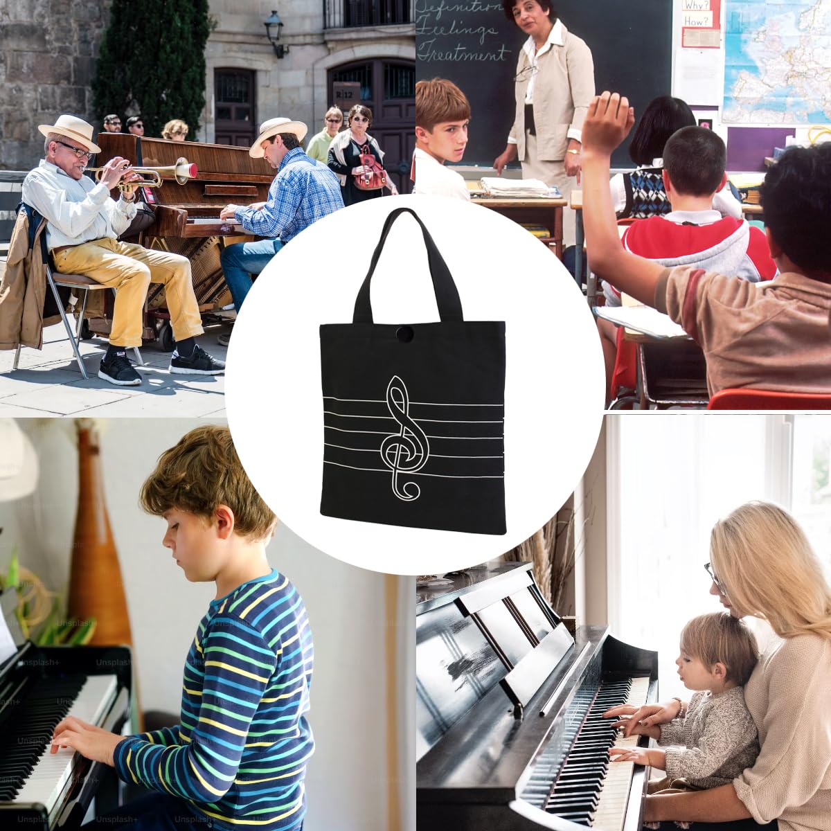 Bolsas de comestibles reutilizables con patrón de música, bolsa de música, bolso de hombro, Clave triple 6