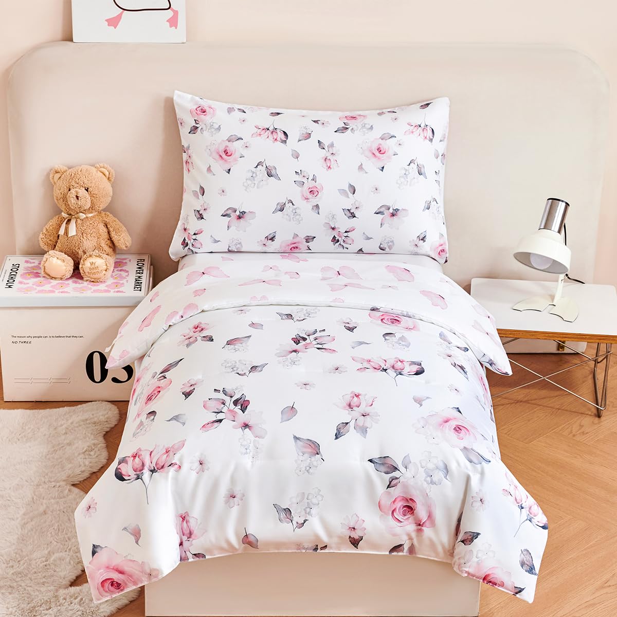 STYHO Girls Double Bedding Sets 3-Pieces Floral Pink Duvet Covers with Pillowcase Soft Reversible Floral Children Duvet Cover Sets for All Seasons(Rose