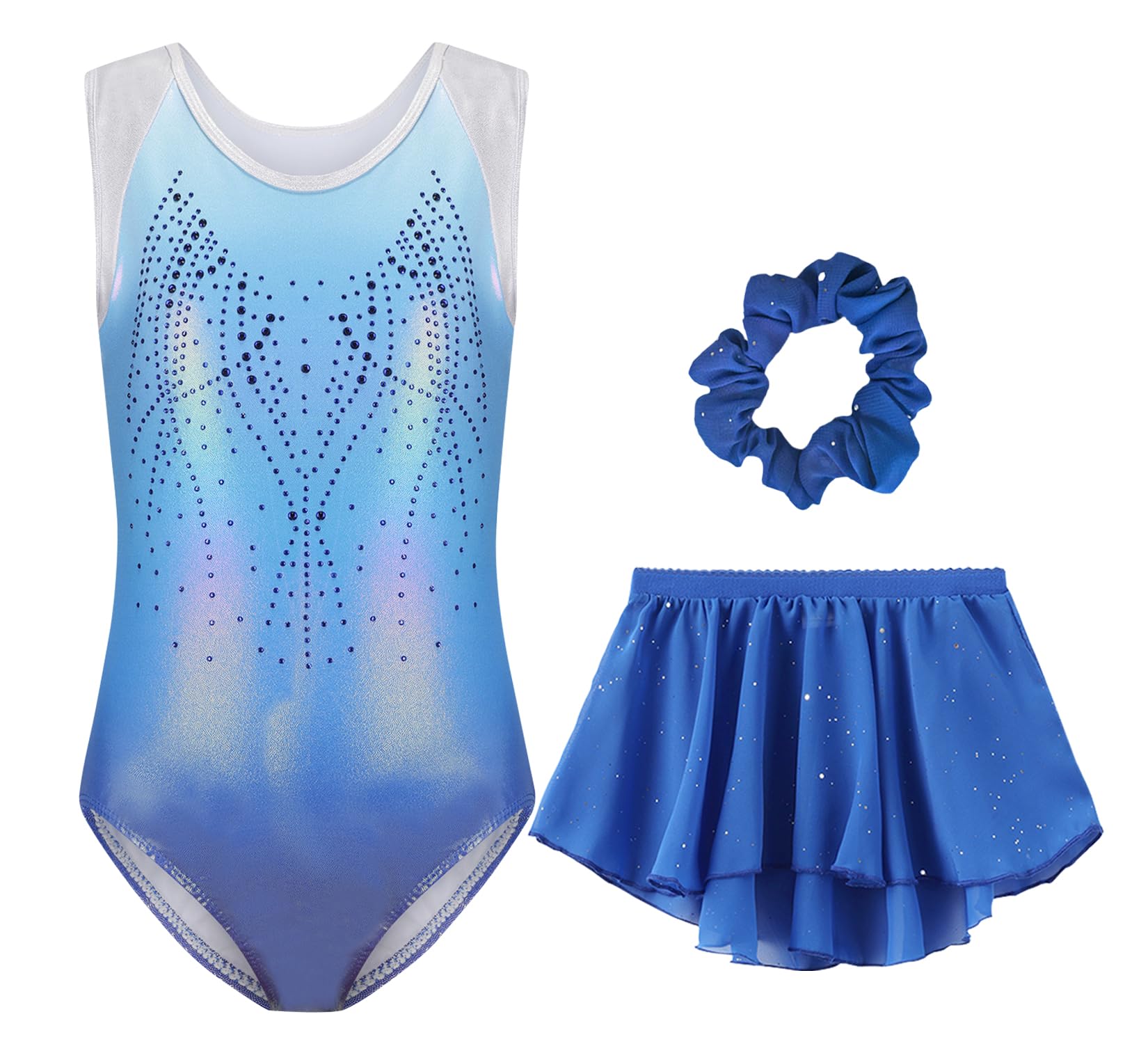 Happy Cherry Fille Justaucorps de Gymnastique Strass Tenue de Ballet Danse Body sans Manches avec Jupe Bandeau Leotard de Patinage Artistique pour Enfant 5-12 Ans