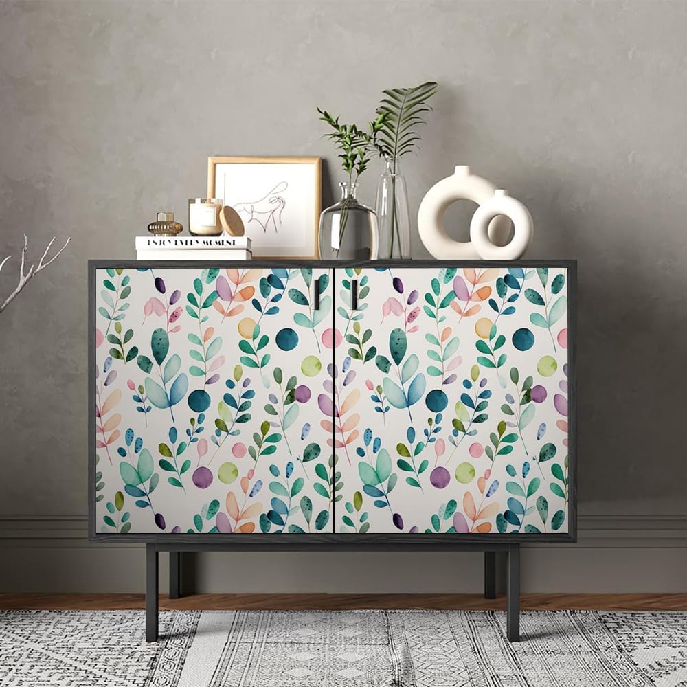 REDAMANCY Cute Watercolor Green Leaf Purple/Pink Botanical Herbs Plants Peel and Stick Wallpaper Stick on Contact Paper Vintage Wall Paper Easy Peel Off for nightstand Drawer Cabinet Renter