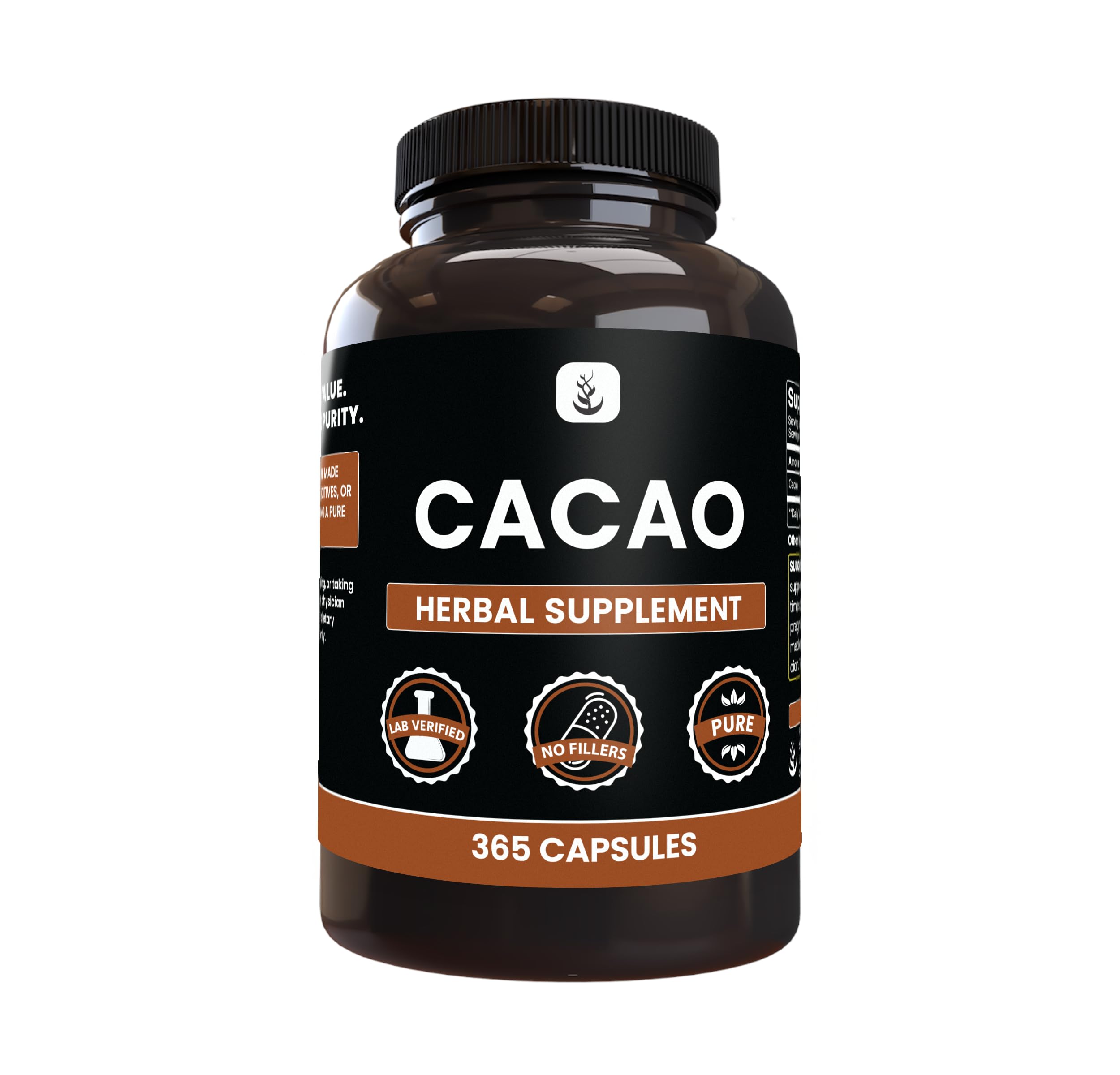 Cacao (365 Capsules) No Magnesium Or Rice Fillers, Always Pure, Lab Verified