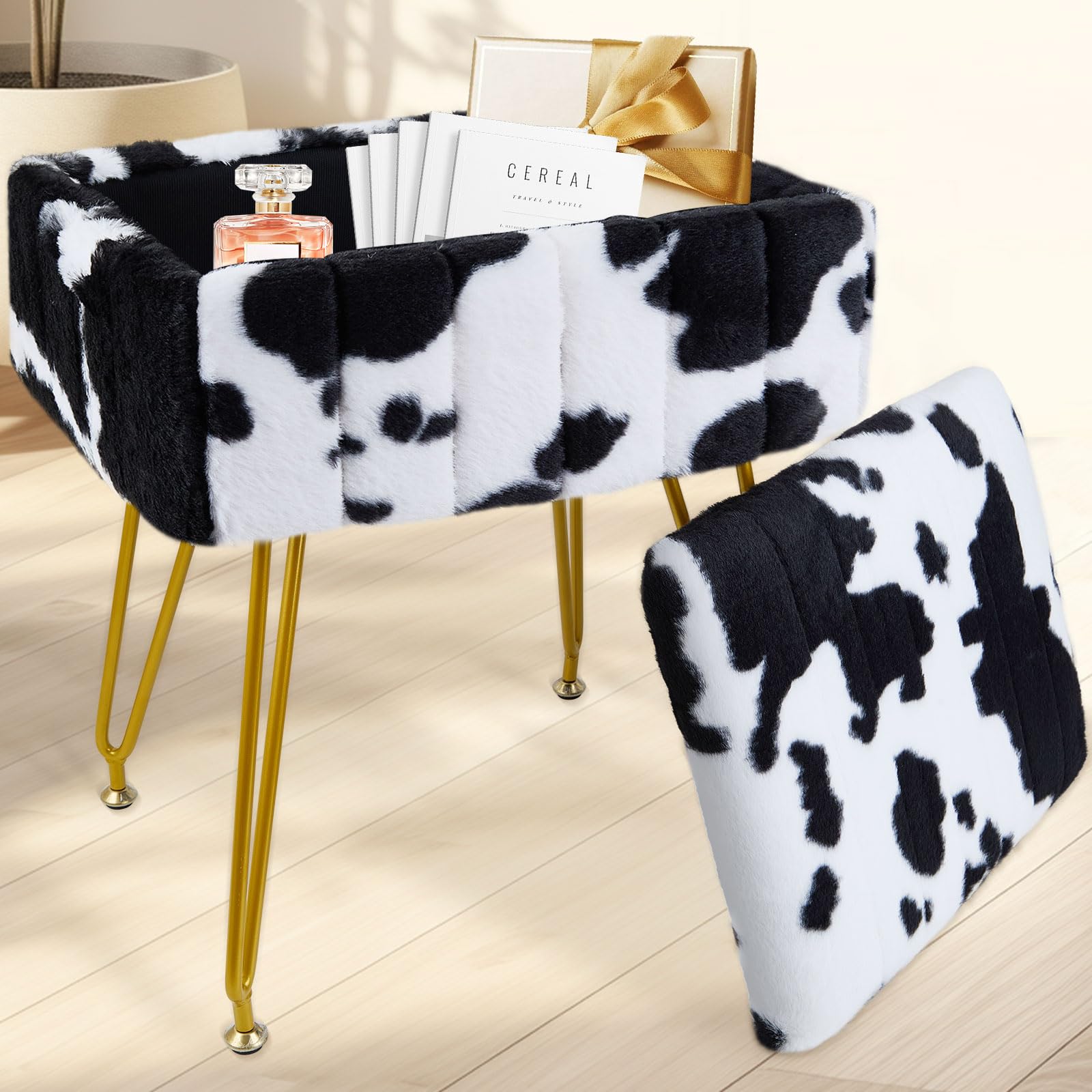 Tavovostar Vanity Stool with Storage, Vanity Chair with Metal Legs, Multifunctional Faux Fur Makeup Stool Footrest for Living Room Bedroom,Cow
