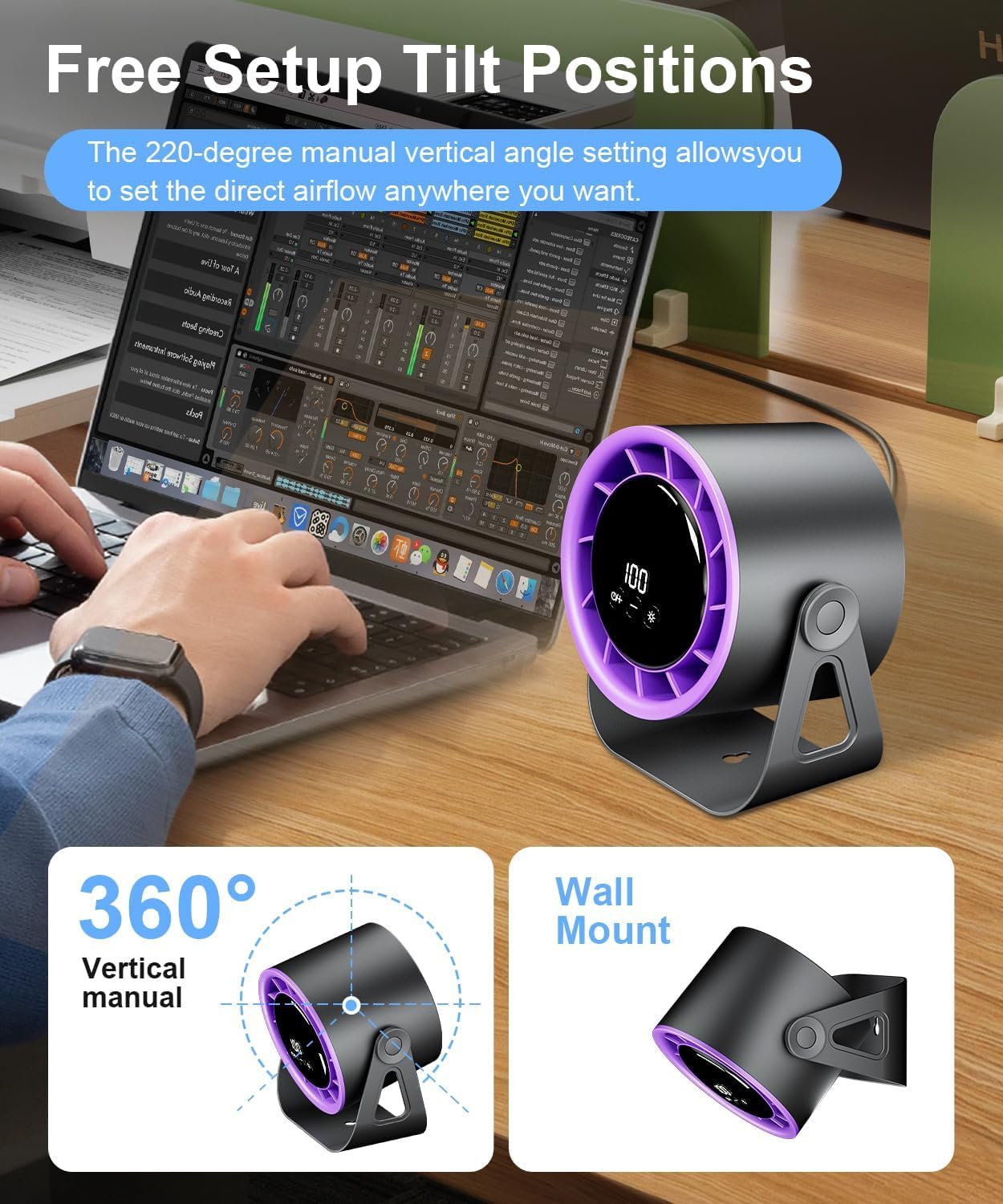 Macchiatto Tischventilator USB mit Akku, Leiser Mini Ventilator, 4 Geschwindigkeiten, 360° Verstellbar, Wiederaufladbar