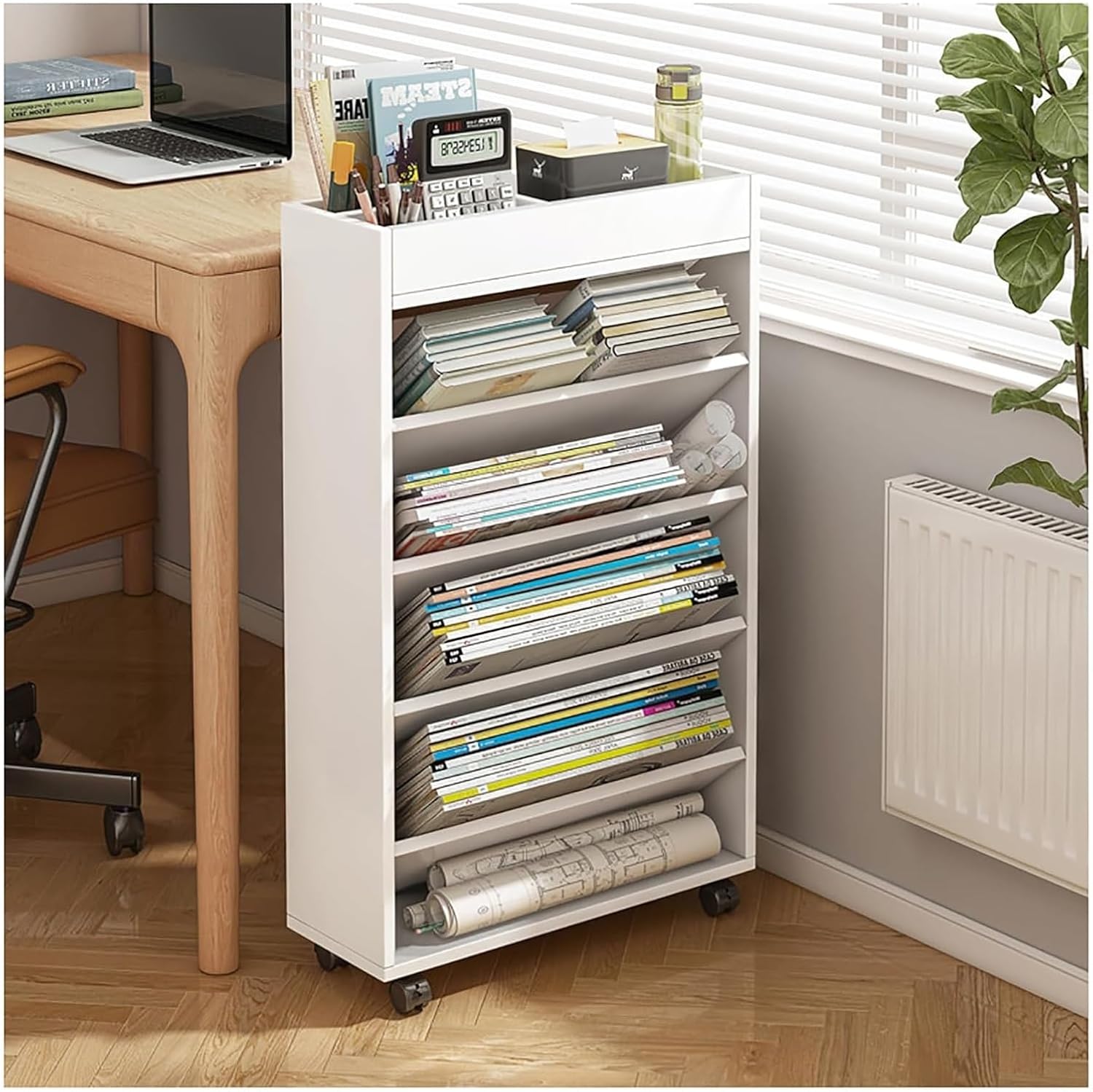 Mobile Bookshelf,Multi-Tier Rolling Wooden Book Cart - Mobile Bookshelf on Wheels for Office & Home, Vertical Storage Orga for Books, Magazines, and Decor, Stylish & Functional