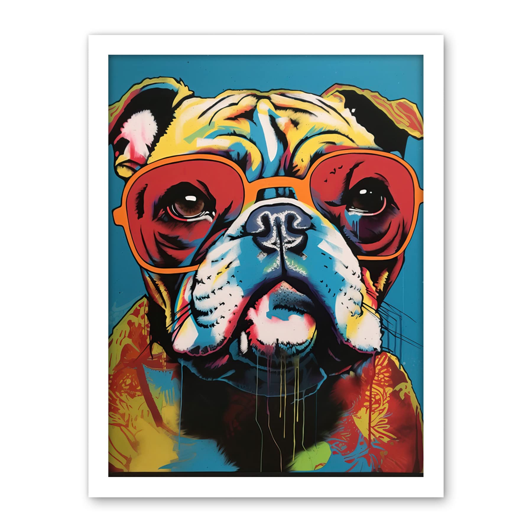 Artery8 English Bulldog Wearing Sunglasses Modern Pop Art Artwork Framed Wall Art Print 18X24 Inch