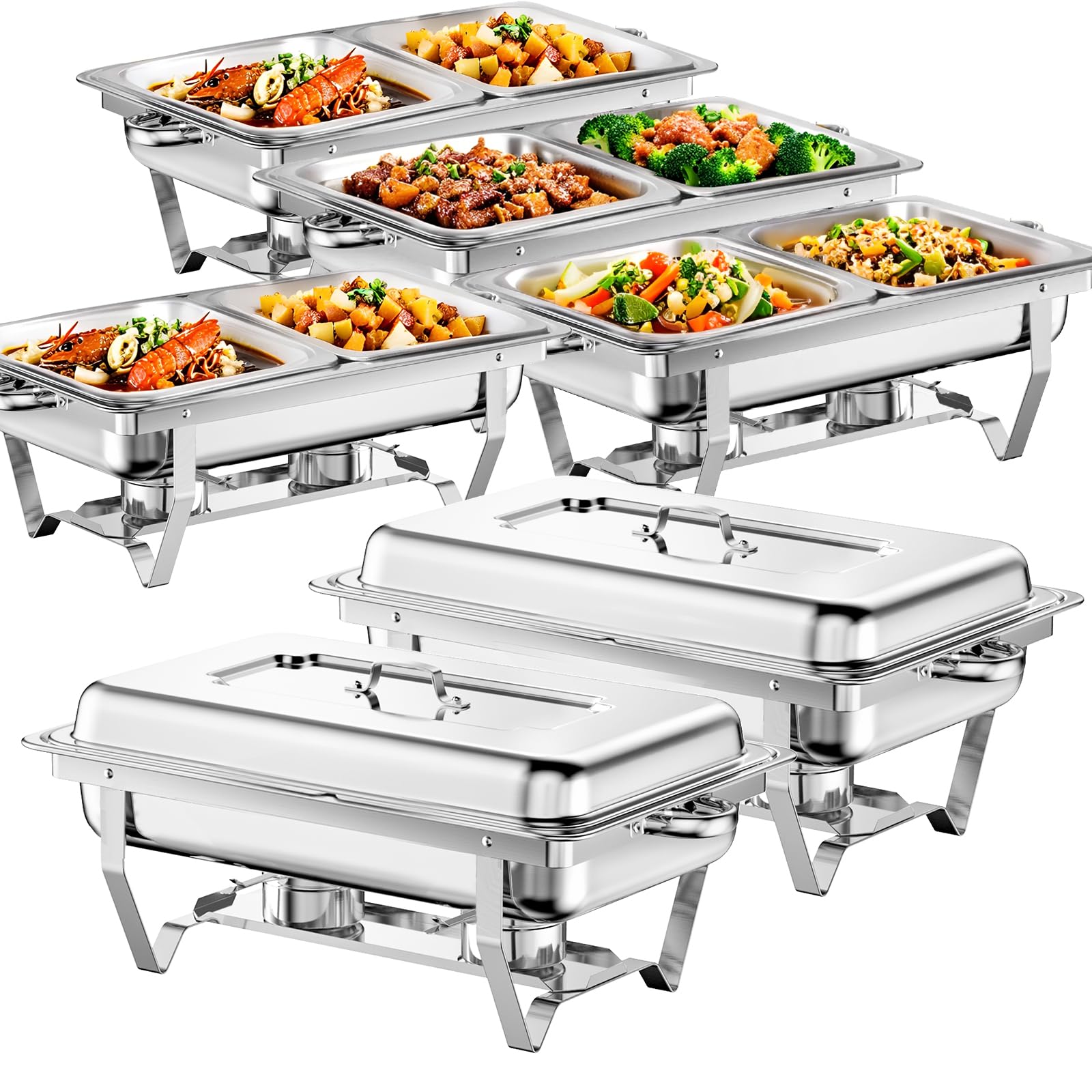 Chafing Dish Edelstahl Buffet-Set 9L Warmhaltebehälter Speisenwärmer Wärmebehälter Rechaud für Catering, Buffet und Party (6 Set 1/2+1/2 GN-Behälter)
