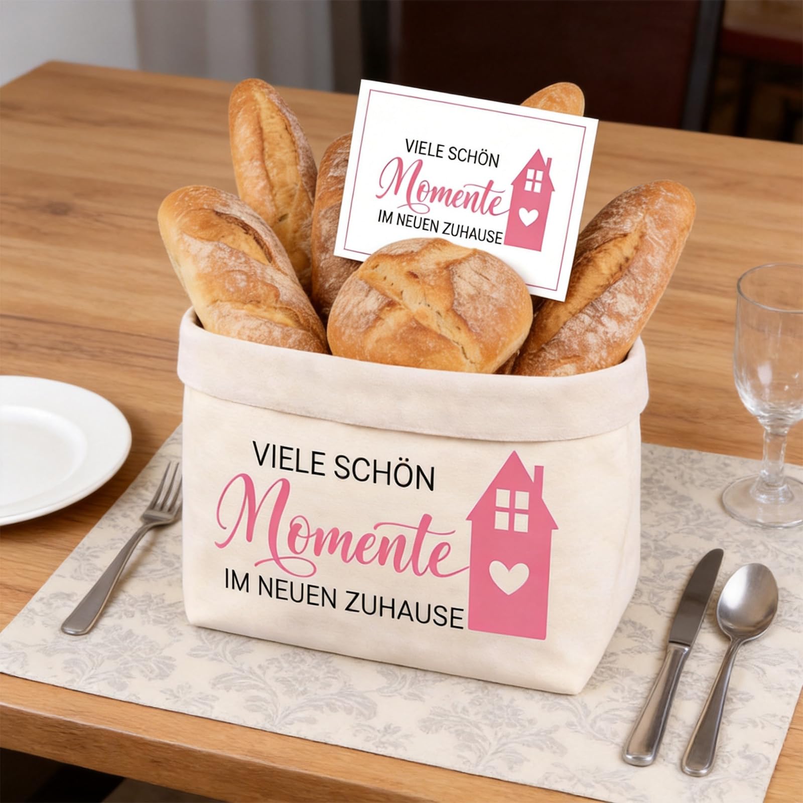 Einzugsgeschenke Wohnung Brotkorb, Beige Stoffkorb Mit Karte Umschlag, Geschenk Zum Einzug Ins Haus, Brötchenkorb Einzugsgeschenke Haus,Wumzug Geschenk für Freunde Familie Paare Kollegen