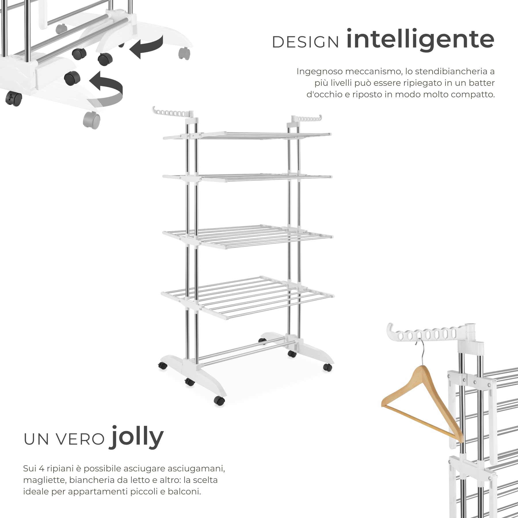 tectake® Stendino Verticale a Torre 125x63x179cm, Stendino da Balcone o Interno, Stendibiancheria 4 Ripiani, Rotelle, Stendibiancheria Pieghevole, Stendipanni Salvaspazio per Bucato, Lenzuola - Bianco