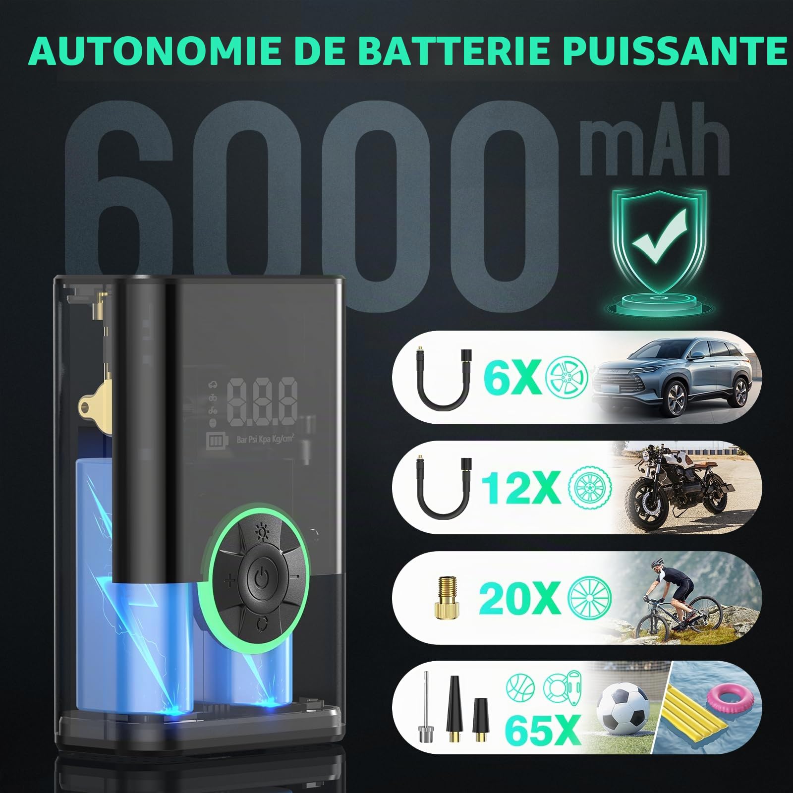 6000mAh Mini Pompe à Air Électrique，Compresseur à Air Portatif Gonfleur Pneus sans Fil 150PSI avec écran LCD Numérique，Pompe à air Rechargeable pour Voiture, Vélo, Moto, Scoote, Balle (Noir)