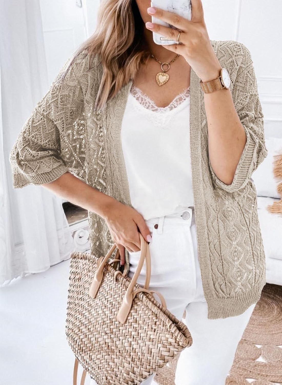 SHEWIN Women Summer 3/4 Sleeve Crochet Coverup Open Front Beach Cover Ups 2026 - Image 2