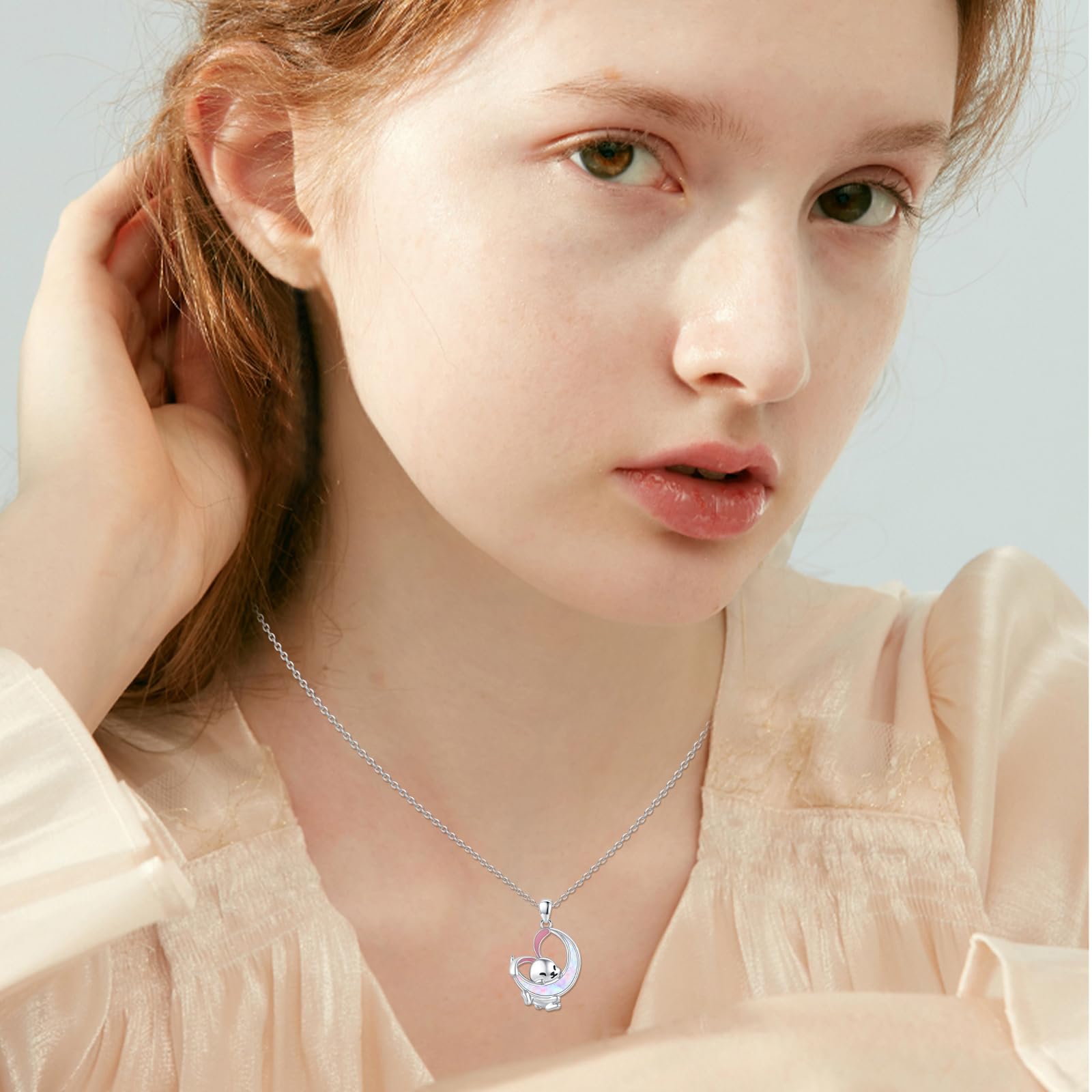 Hase Kette 925 Sterling Silber Opal Hase Tier Anhänger Kaninchen Halskette Opal Mond Kette Hasen Schmuck Ostergeschenk für Frauen Damen Kinder Mädchen