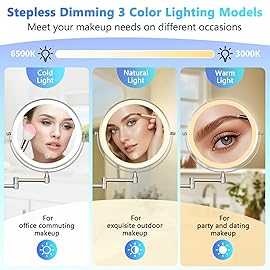 ALHAKIN 9 Wall Mounted Lighted Makeup Mirror, Rechargeable 1X/15X Magnifying Mirror with 3 Color Lights Dimmable, 360 Rotation, Nickel