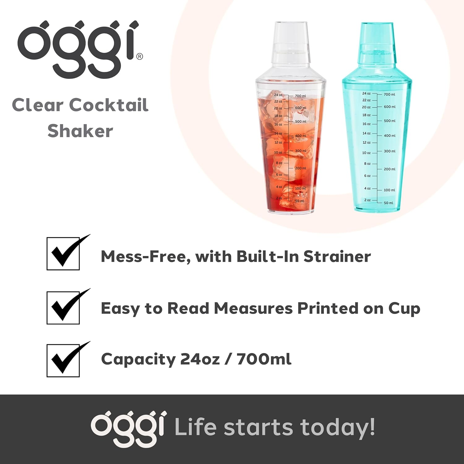 OGGI Clear Cocktail Shaker - 24 oz / 700 ml, Clear Durable Plastic Construction, Built in Strainer - Ideal Home Bar Drink Mixer, Bartender Kit, Essential Bar Accessories (Pack of 4)