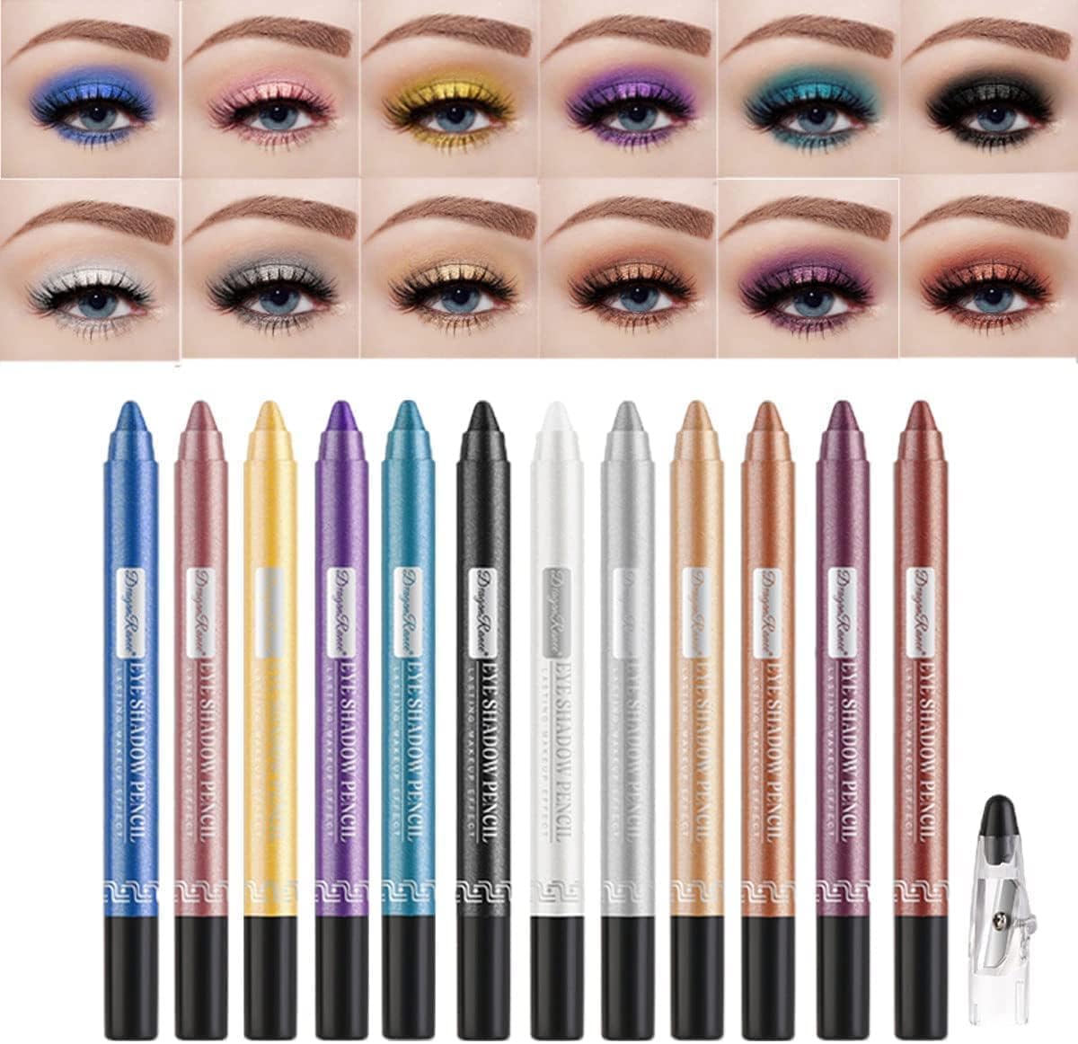 SYOSI 12 Pcs Eyeshadow Stick Set,Long Lasting Glitter Multi-Use Eyeliner Pencil &Eyeshadow Makeup Stick with Sharpener