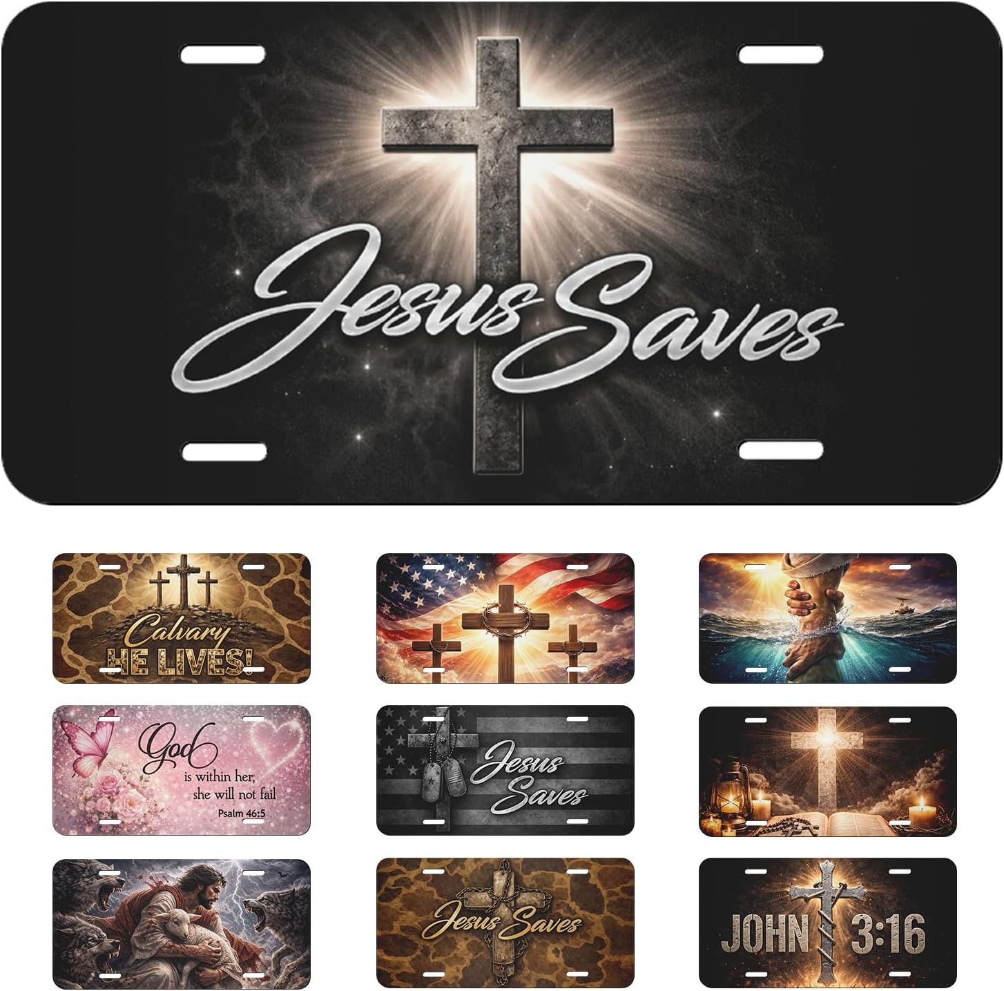 Jesus Saves Cross Front License Plate Christian Faith Car Decorative License Plates Aluminum Metal Decor Accessory Novelty Vanity Tag Cover with 4 Holes for Men Women 6" X 12"