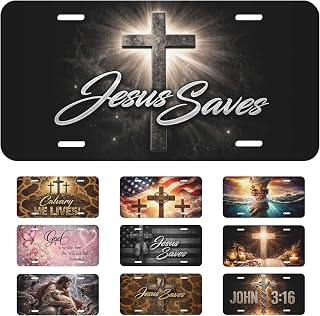 Jesus Saves Cross Front License Plate Christian Faith Car Decorative License Plates Aluminum Metal Decor Accessory Novelty Vanity Tag Cover with 4 Holes for Men Women 6" X 12"
