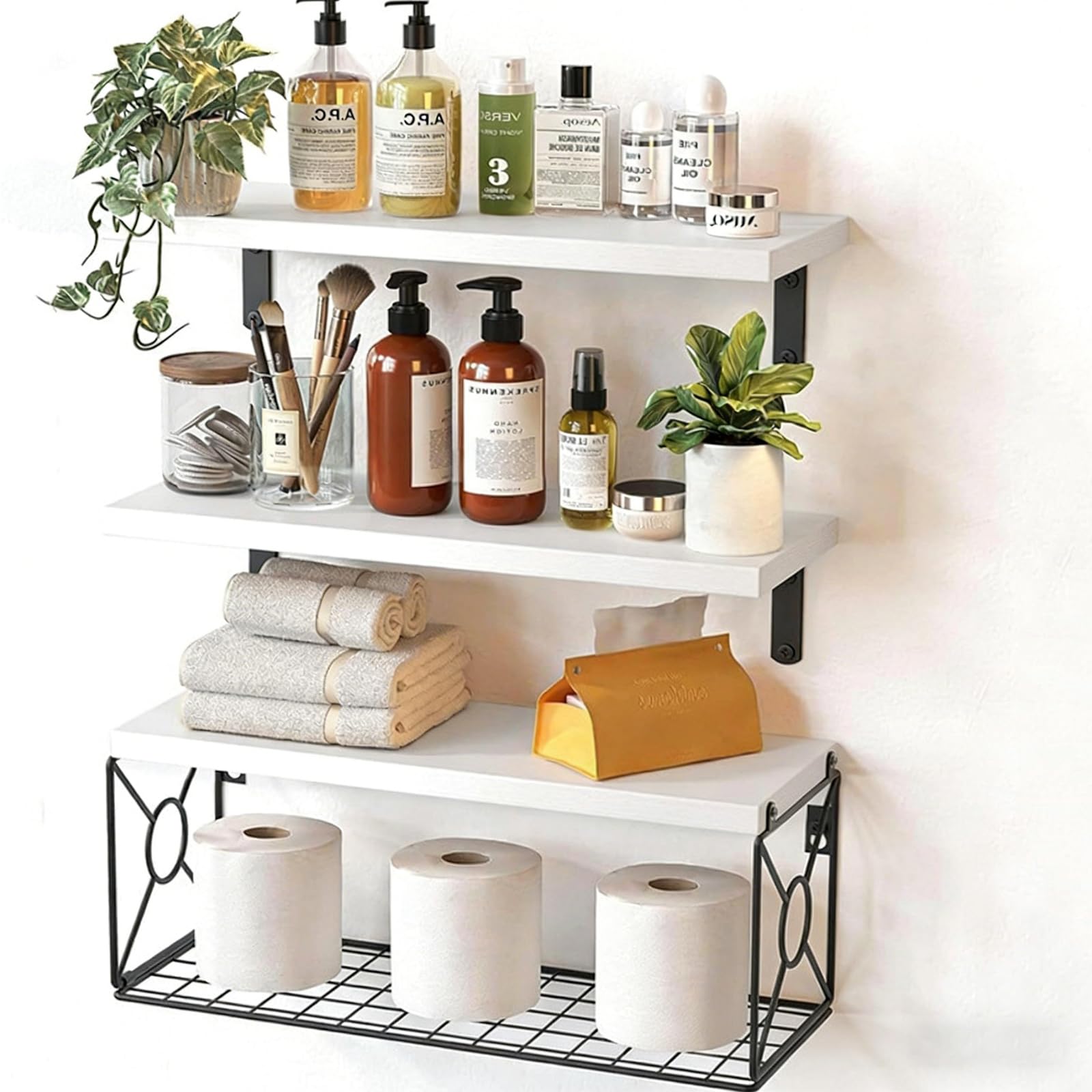 Mensole sospese decorative che uniscono il fascino rustico per una conservazione efficiente in soggiorno o bagno