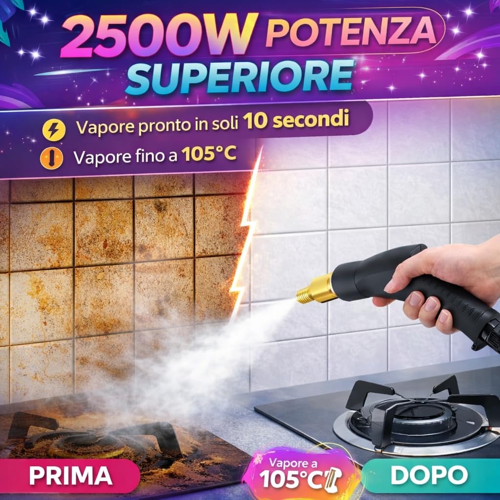 Pulitore a Vapore Portatile 2500W ad Alta Pressione – 6 Velocità Regolabili, Serbatoio 1200 ml, 3 Testine Incluse – Ideale per Casa, Cucina, Bagno, Finestre e Auto