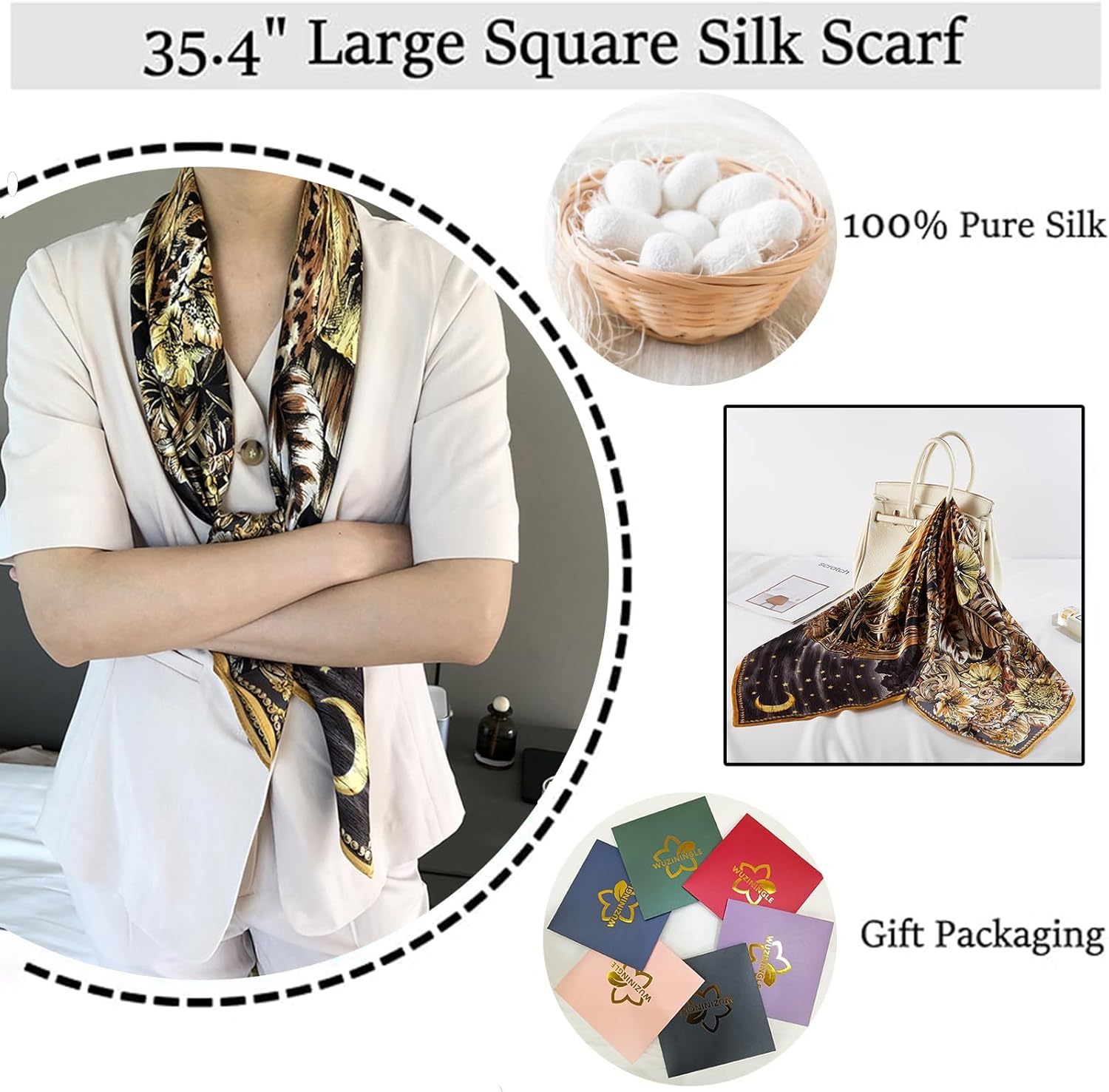 100% Mulberry Silk Head Scarf for Sleeping 35"x35" Square Silk Hair Scarf for Women Lightweight Bandana Large - Image 7