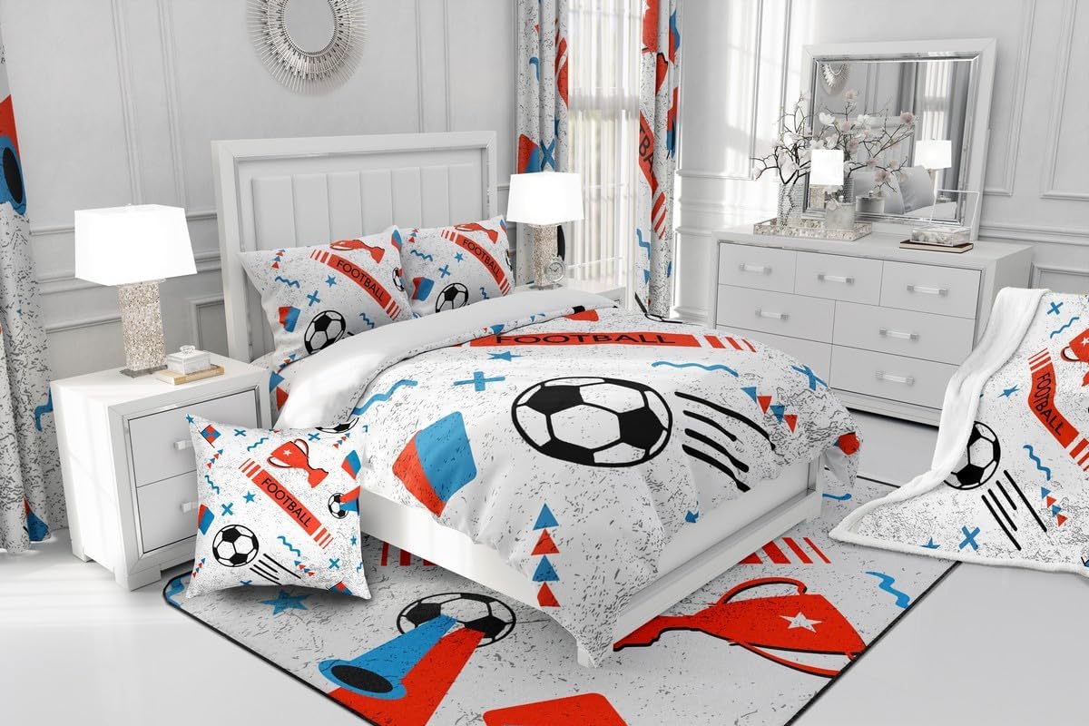 Football Kids Bedding Set Queen Size Rugby Sports Duvet Cover for Boys Children Teens Gift for Football Lover Bedroom Decor Comforter Cover Set Soccer Ball Game Bedspread Cover With 2 Pillow Case