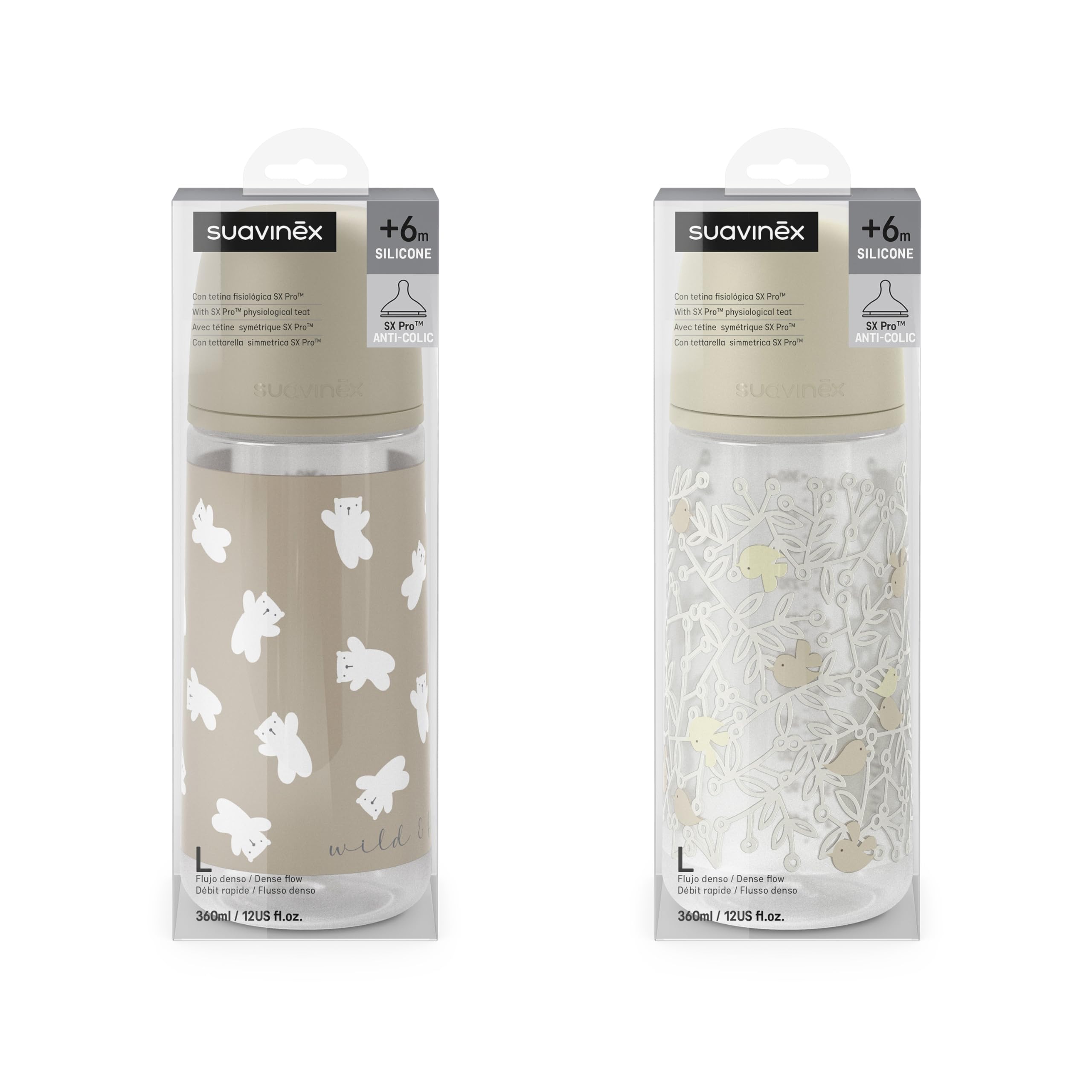 Suavinex, Confezione da 2 Biberon da 360 ml, Tettarella Fisiologica SX Pro in Silicone con Valvola Anticolica, Flusso Denso (L), Adatto per Pappa Liquida. ​​Neonati +6 Mesi. Birdies e Wild&Free, Beige