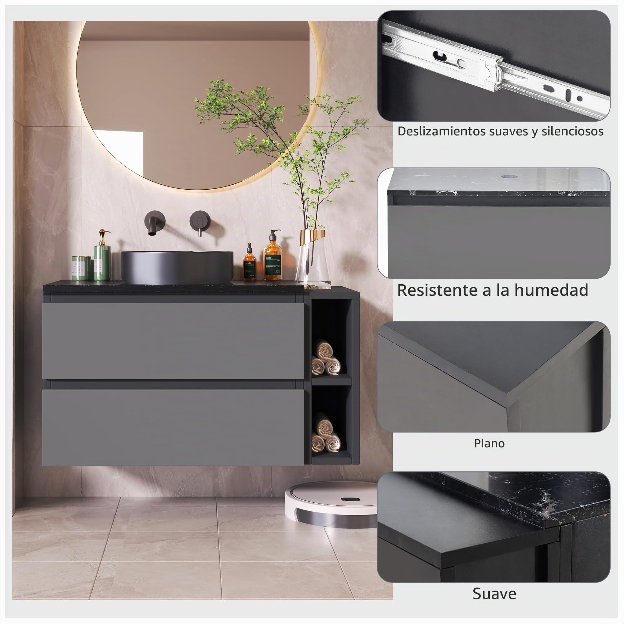 Armario para debajo del lavabo colgante de 80 cm de ancho, con lavabo de cerámica, con cajones, diseño moderno, color negro y gris