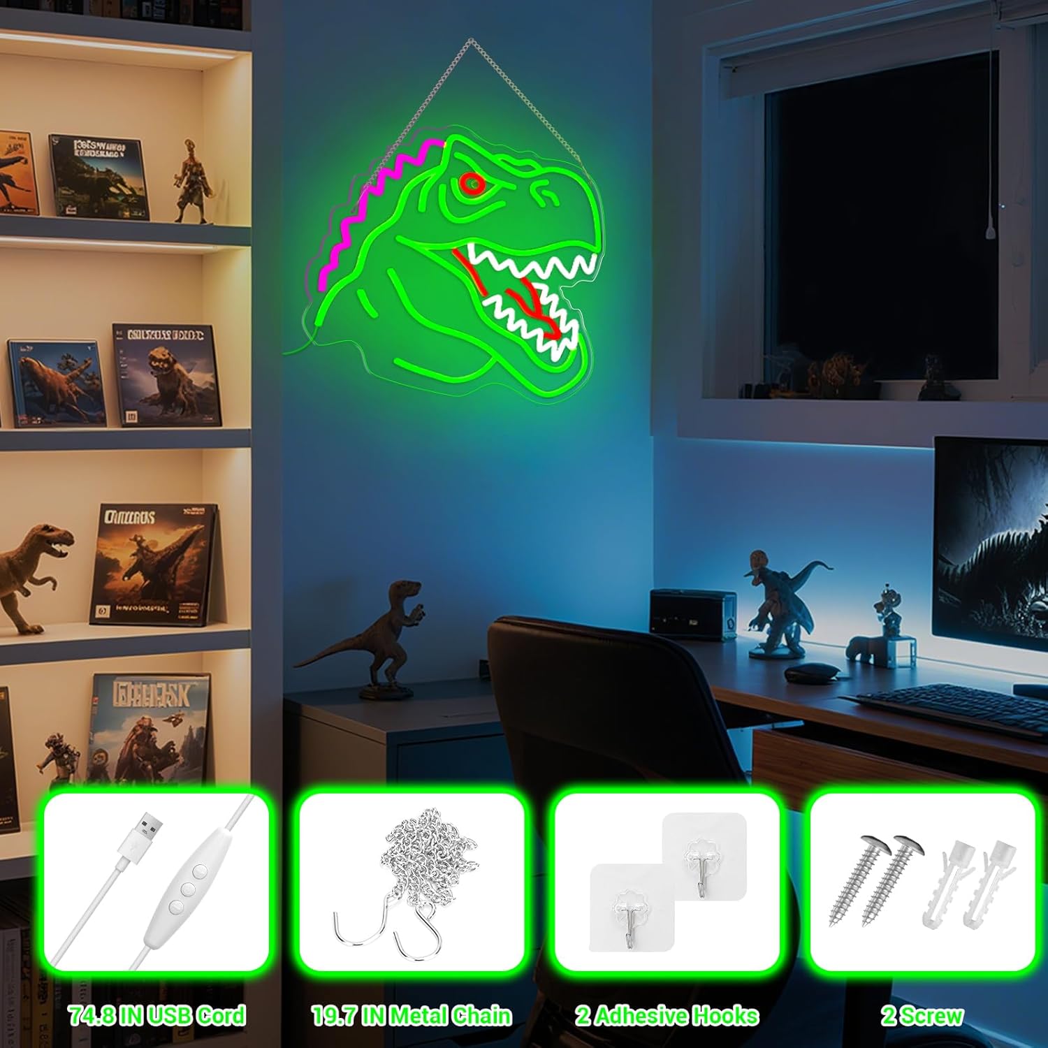 Dinosaur Neon Sign, T-Rex LED Neon Signs Light for Wall and Room Decor, USB Dimmable Powered LED Light for Bedroom, Man Cave Party, Birthday Christmas Gift (B002)