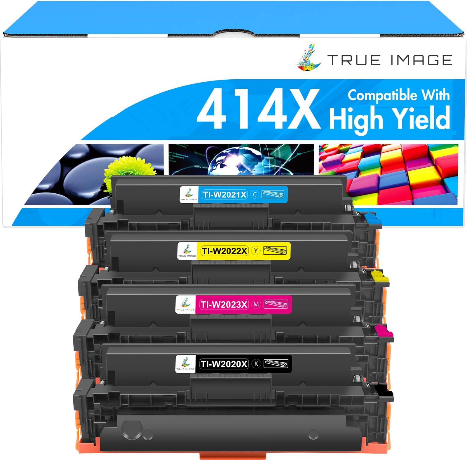 True Image Compatible Toner Cartridge Replacement for HP 414X W2020X W2020A 414A HP Color Laserjet Pro MFP M479fdw M454dw M454dn M479 M479fdn Printer Toner No Chip (Black Cyan Yellow Magenta, 4-Pack)