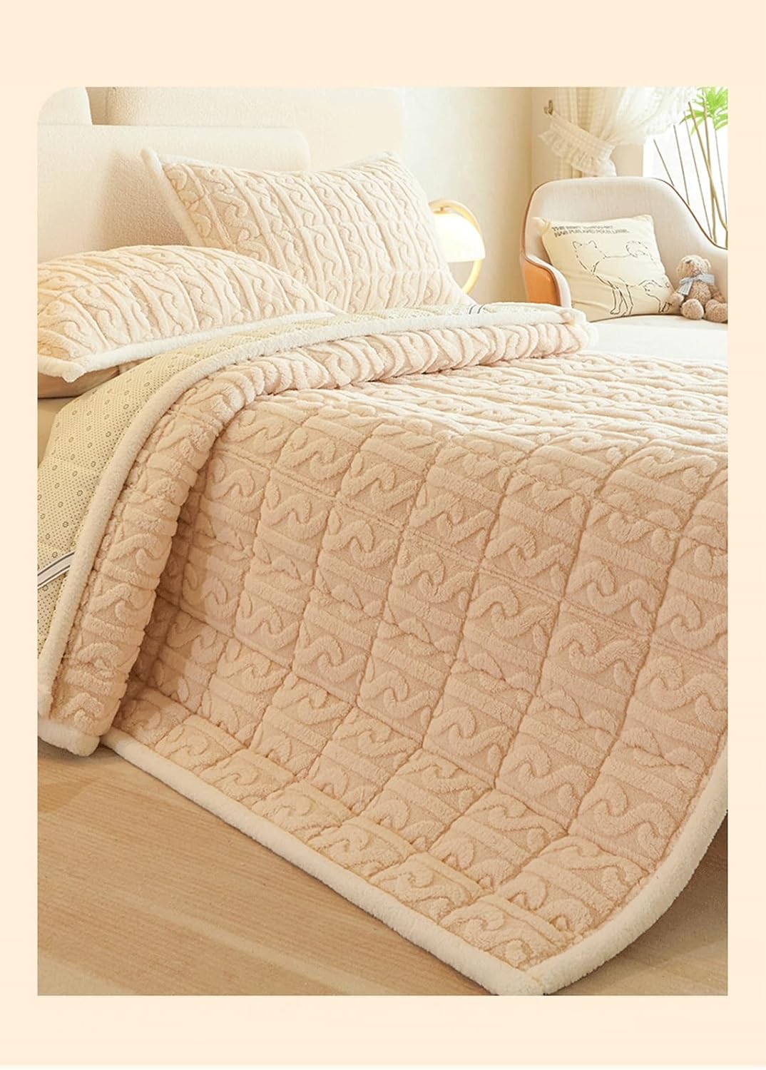 Milk Velvet Flannel Quilted Mattress Pad Queen Super King Non-Slip Bottom Mattress Topper Protector and Cover Machine Washable(Blue,180x200cm+48x74cmx2)