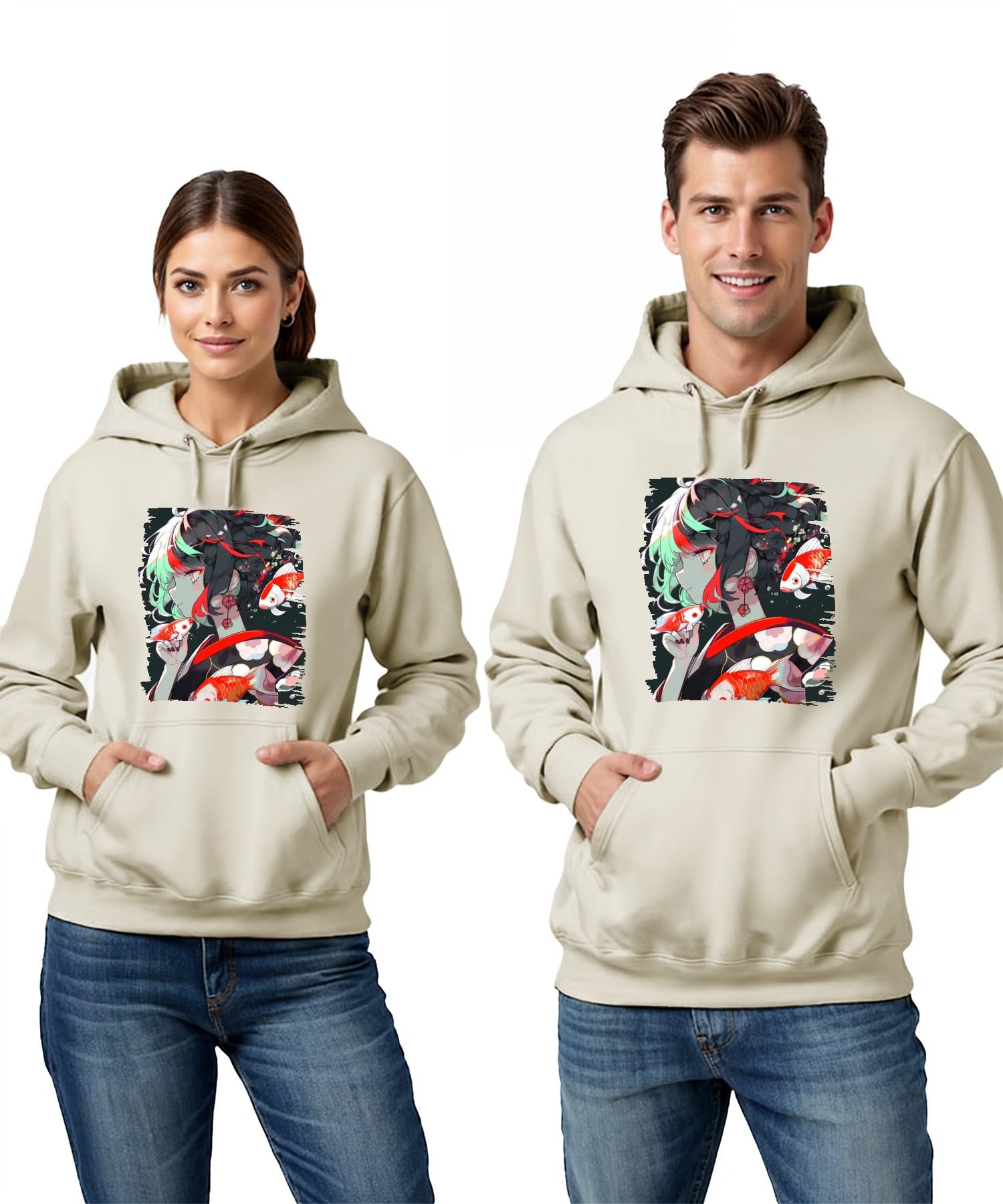 Anime Dziewczęca w kimono Koi Karp Sztuka Japońska Ilustracja Uniseks Bluza z kapturem Bluza z kapturem