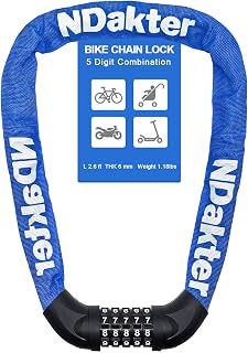 NDakter Bike Lock, 5 Digit Combination Heavy Duty Anti Theft Bicycle Chain Lock, 2.62/3.2/4.27/5/6Ft Long, High Security Resettable, Suitable for Bike, Scooter, Door, Gate, Fence-4/6mm Thick