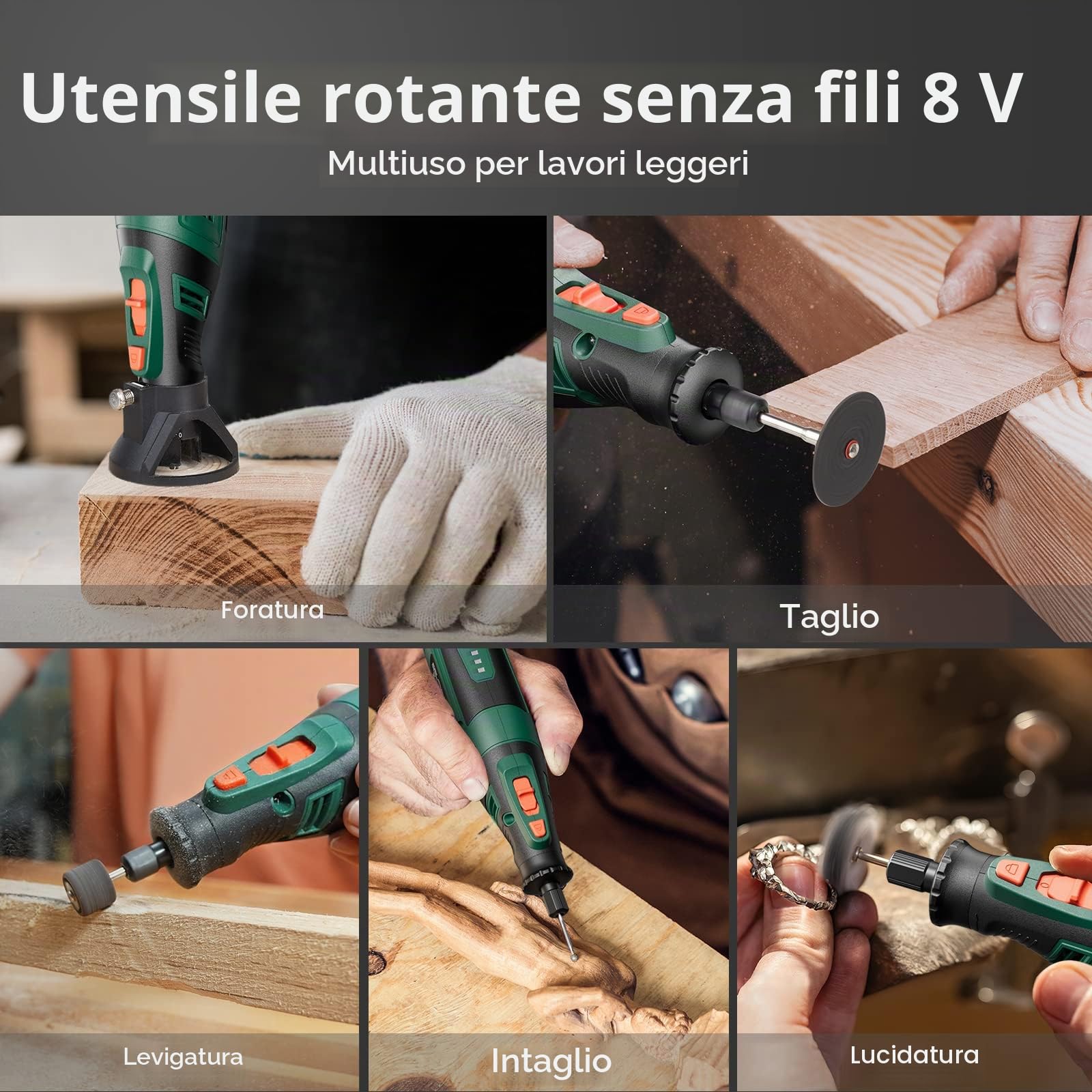 DEPSTECH DC08 Kit di utensili rotanti a batteria, utensile rotante ricaricabile da 2,0 Ah 8V con 5 velocità fino a 30000 giri/min e 124 accessori per lavori di artigianato e progetti fai-da-te