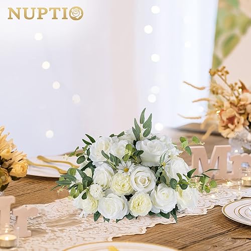 Miniatura 4 de NUPTIO Centros de mesa de flores grandes para mesas arreglo de bola de flores artificiales blancas de 17.7 pulgadas de diámetro para centro de mesa