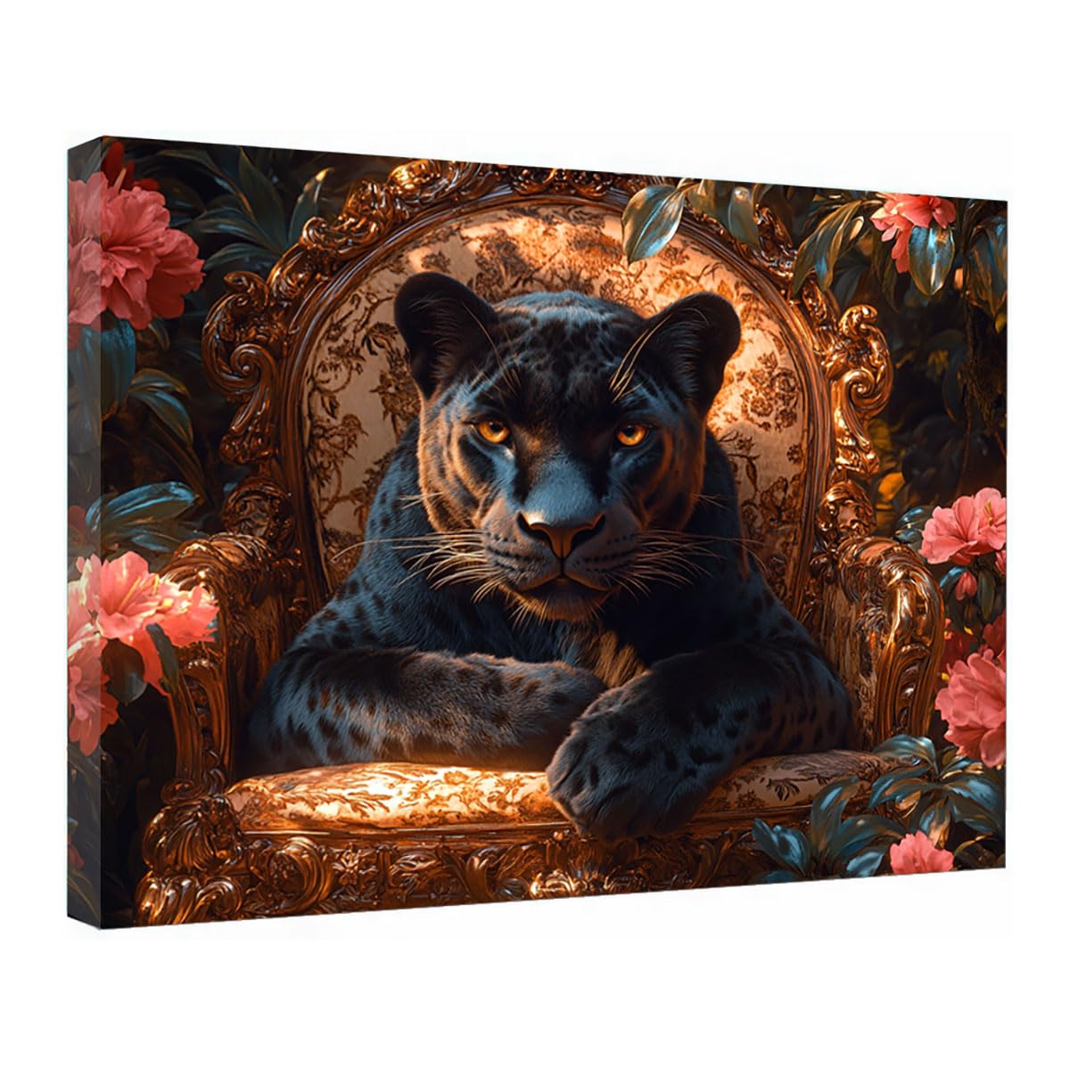 TZKRWRH Leopard Wall Art Print Home Decor Panther Surrounded by Blooms Cheetah Prints Jungle Poster Minimal Animal Pictures Modern Paintings, Maximalist Decor(Black 8)-60x90cm Framed