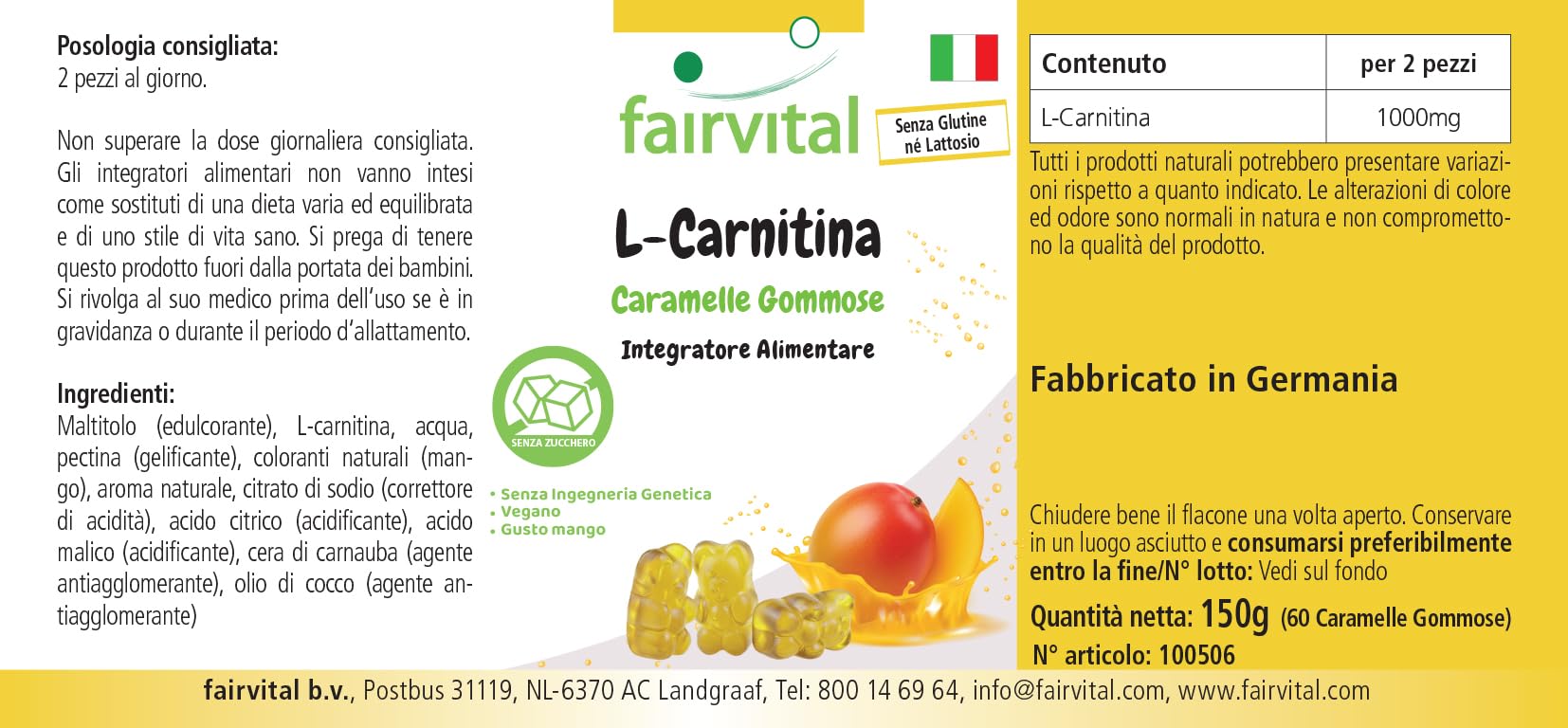 Fairvital | Żelki L-karnityna – 60 sztuk – 1000mg w dziennej dawce – smak mango – wysoka dawka – 100% wegańskie + bez cukru – sprawdzona jakość i wysoka dawka – wyprodukowane w Niemczech