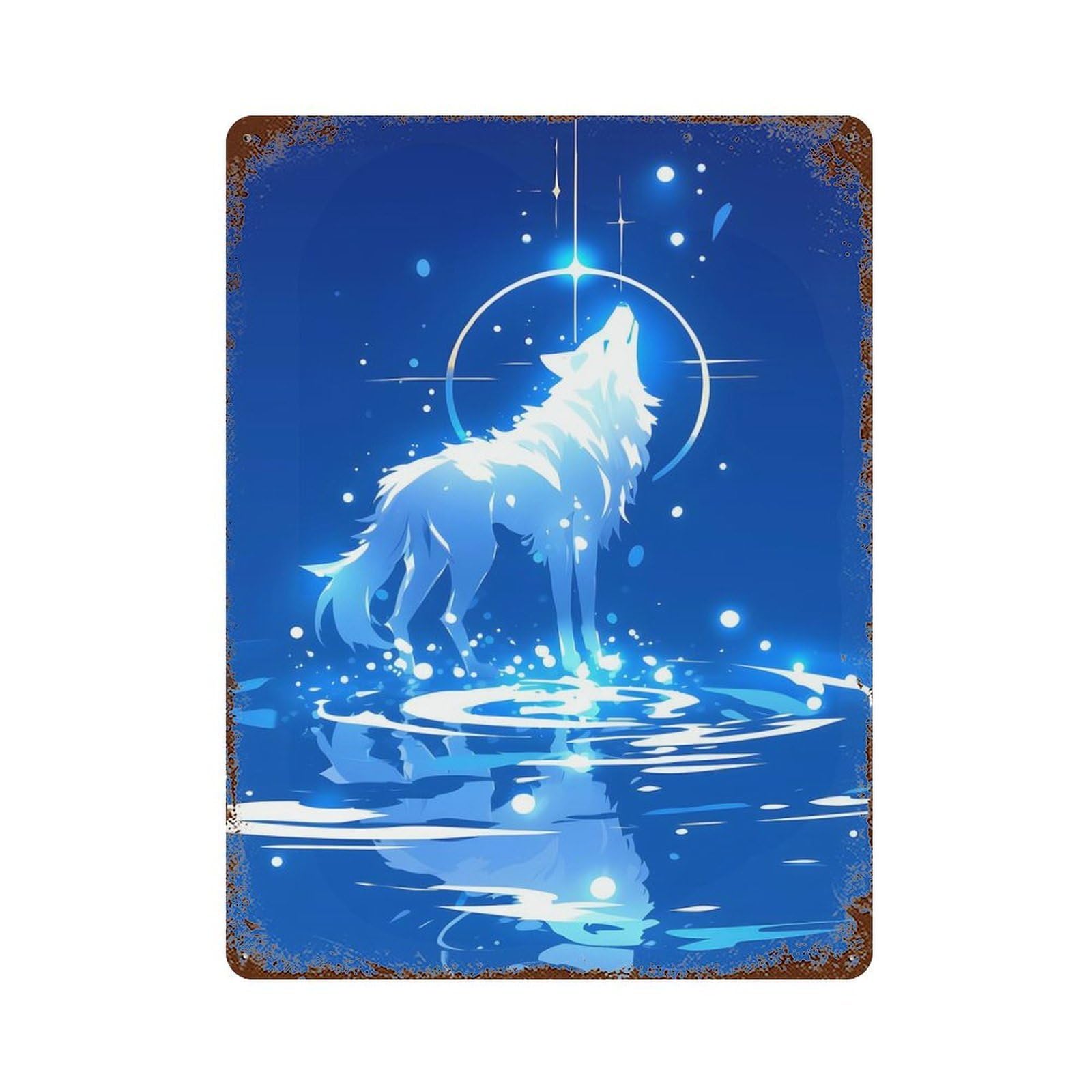 Rusty Metal Tin Sign with Celestial Wolf Design 15.7"x11.8", for Shed, Workshop And Garage Wall Decor, Classic Wall Plaque