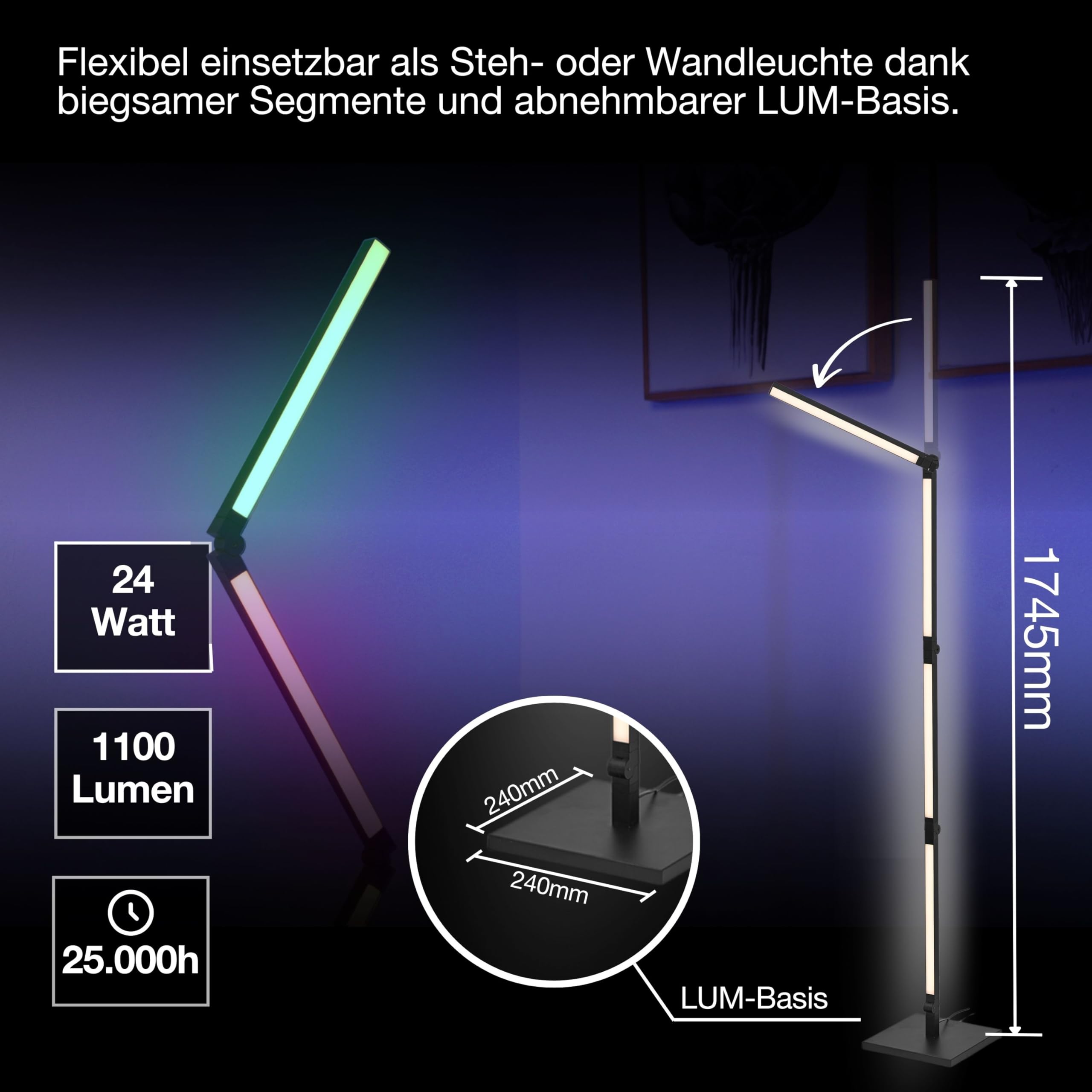 LEDVANCE SMART+ WIFI CONVERT Wand- & Stehleuchte, schwarz, 24W, 2320lm, regulierbares Weiß- & Farblicht, dimmbar, lange Lebensdauer, dynamischer Magic RGB-Lichteffekt, App-steuerbar, 2700K - 6500K