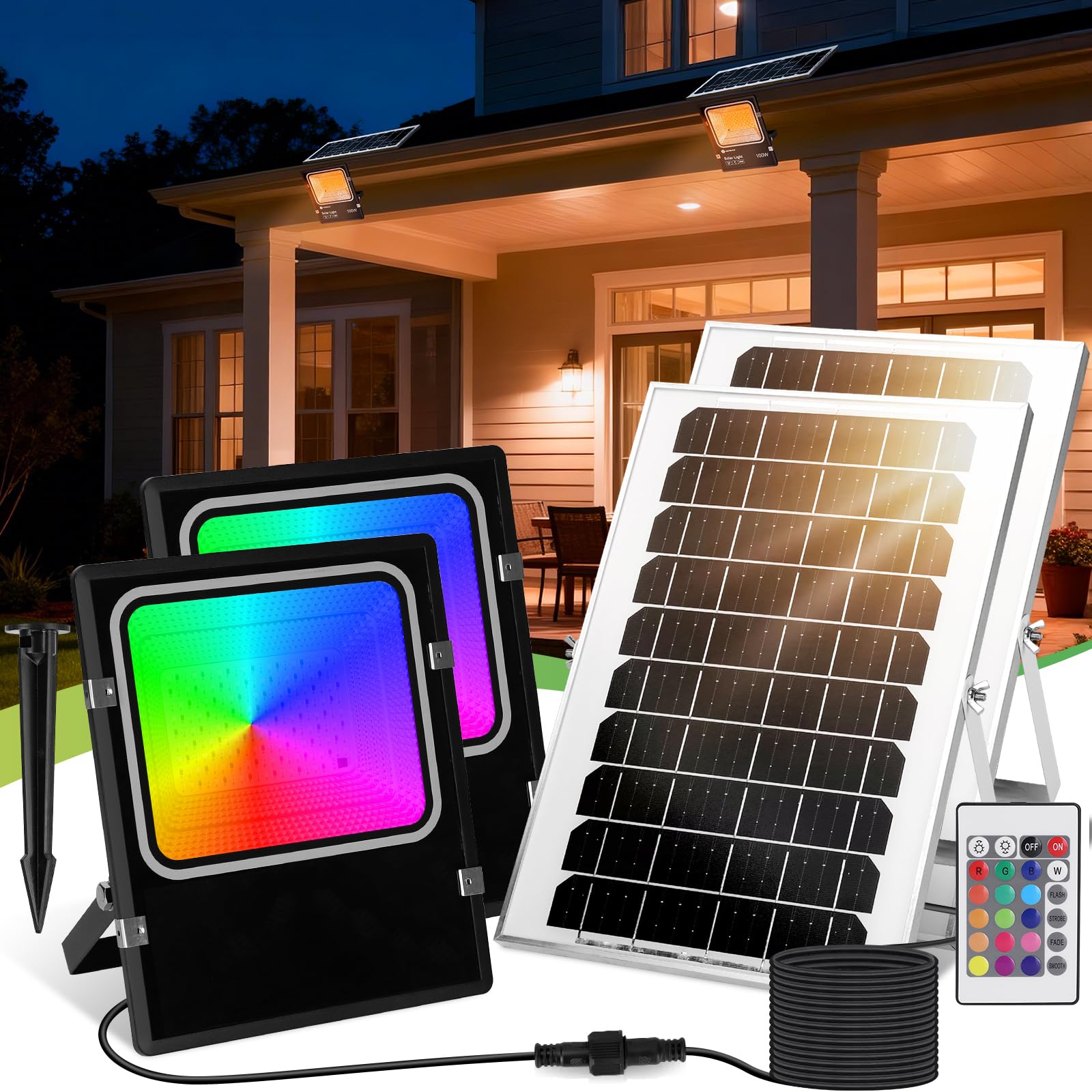 Aigostar - 100W Foco Solar Exterior RGB con Mando a Distancia, 8000mAH Batería de Gran Capacidad y Gran Panel Solar. Impermeable IP66. Proyector LED para Interior y Jardín, Patio, Camino, 2Uds