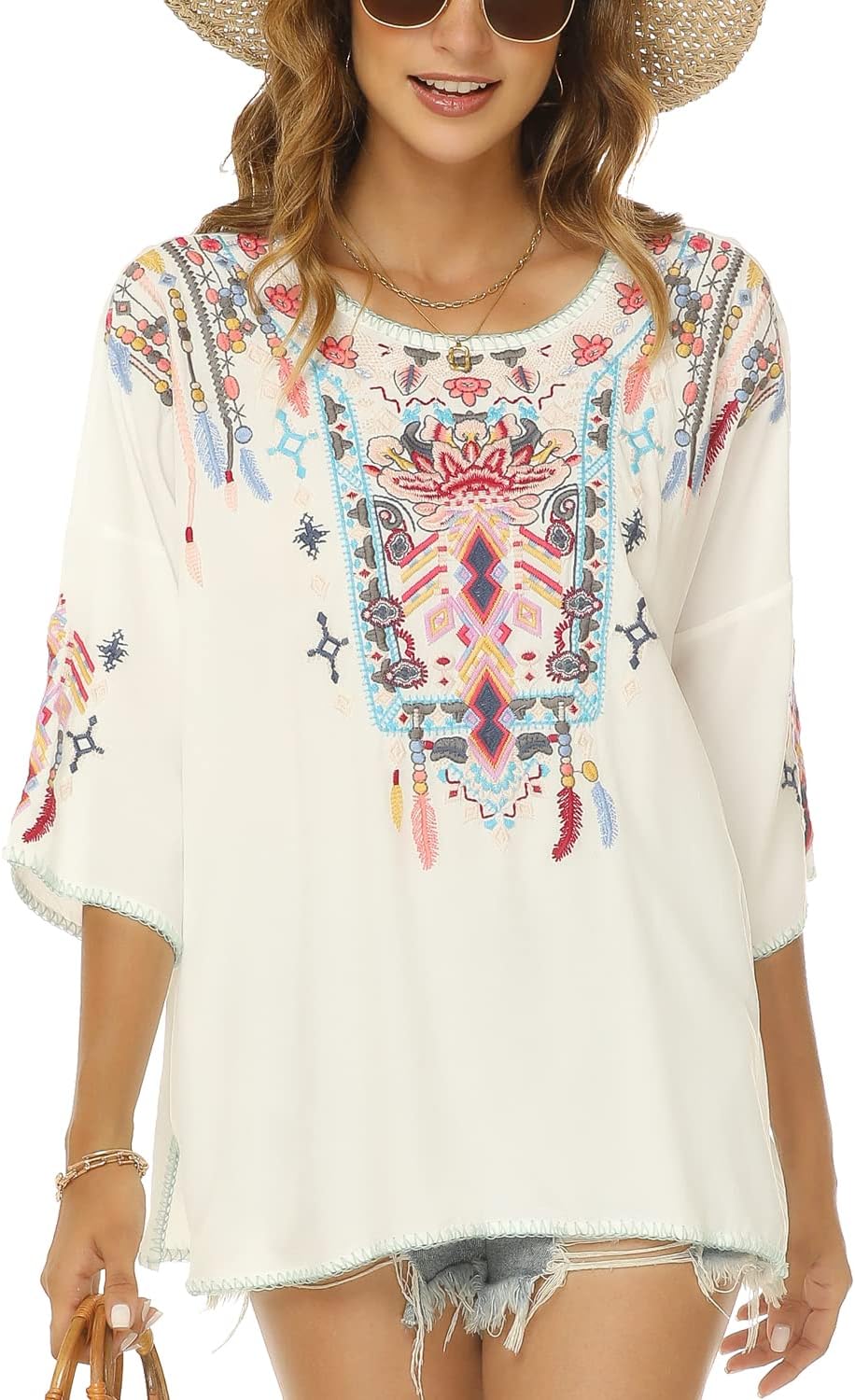 LauraKlein Women Mexican Embroidered Shirt for Women Bohemian Style Top Blouse 3/4 Sleeve Summer Casual Tunics - Image 4