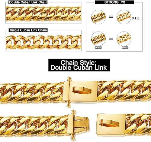 Miniatura 9 de ToBeTrendy Collar de cadena de oro para perro, collar de cadena de metal para caminar con diseño de hebilla segura, eslabones cubanos de 18