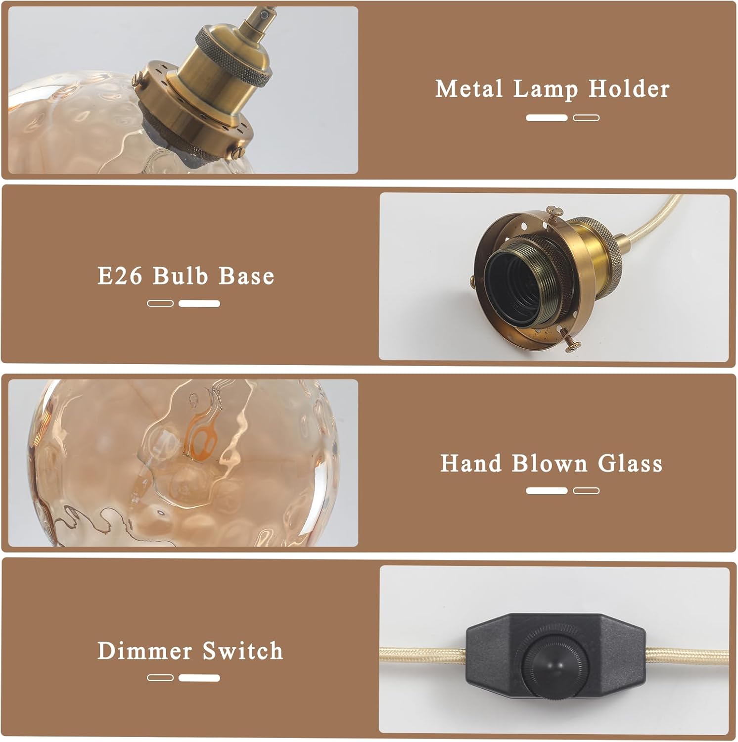 ETONIMERR Plug in Pendant Light, Amber Brown Glass Chandelier Hanging Light Fixture for Dining Room, Outdoor Pendant light with 15ft Cord and Dimmable Switch for Porch Gazebo Kitchen Island Livingroom