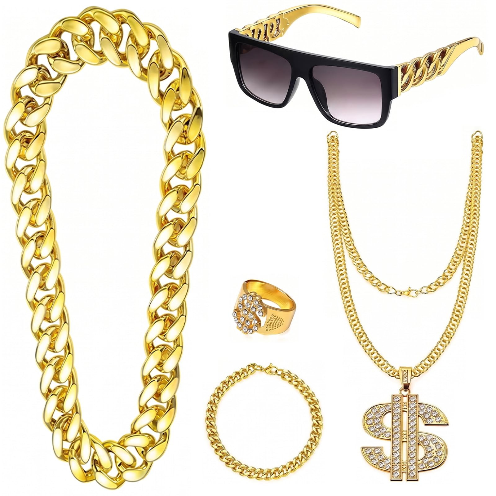 Avvchuy Fake Gold Chain Set, 5 Pcs Costume with Bracelet chain Ring Glasses