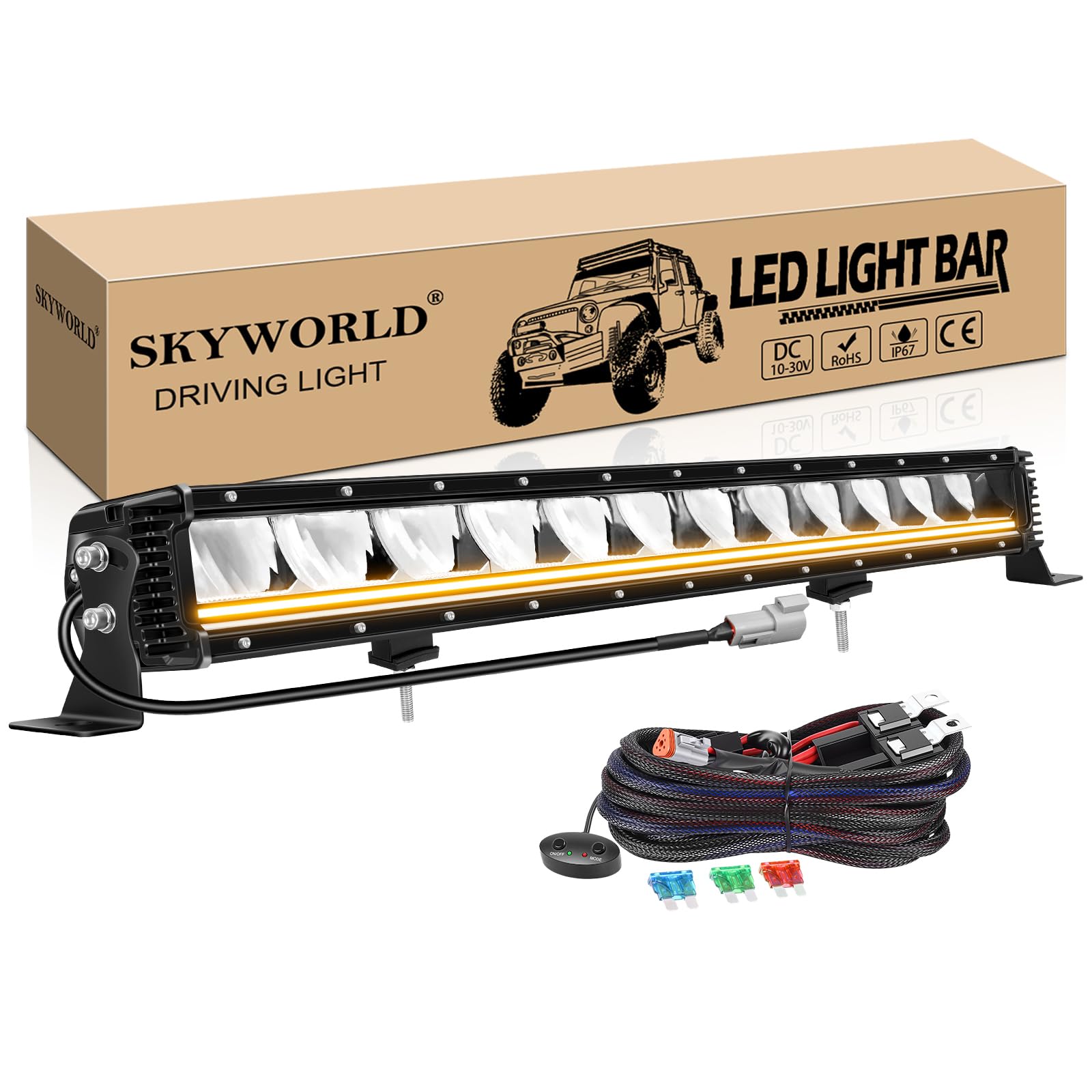 SKYWORLD 23 Cal 60 cm 80W Slim LED Light Strip, Amber DRL, Wodoodporny Dalekiego Zasięgu LED Light Bar z 12V Wiązka Okablowania dla 4x4 Off Road Samochód ATV SUV